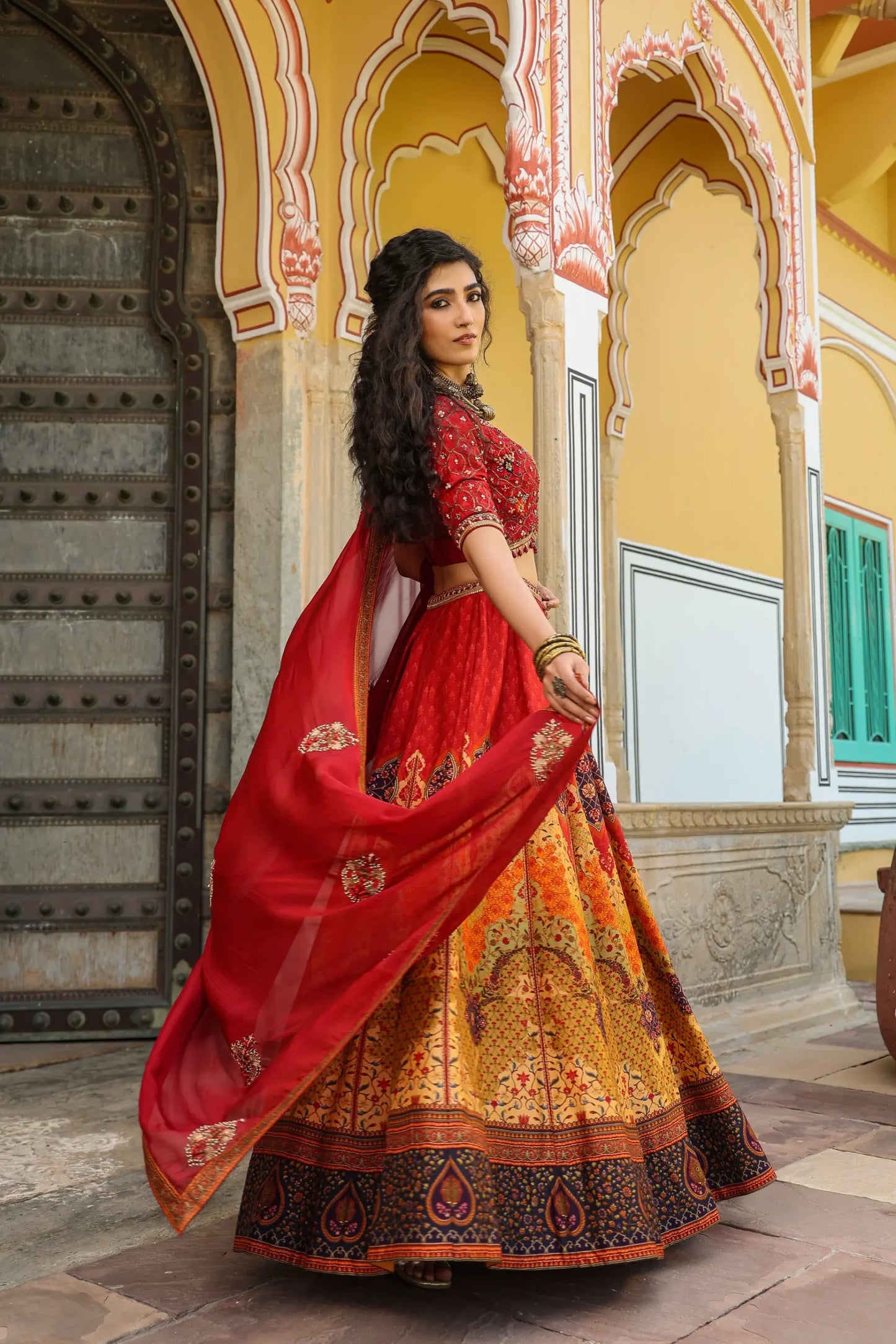 Shawl Pattern Print lehanga with embroidered blouse & dupatta