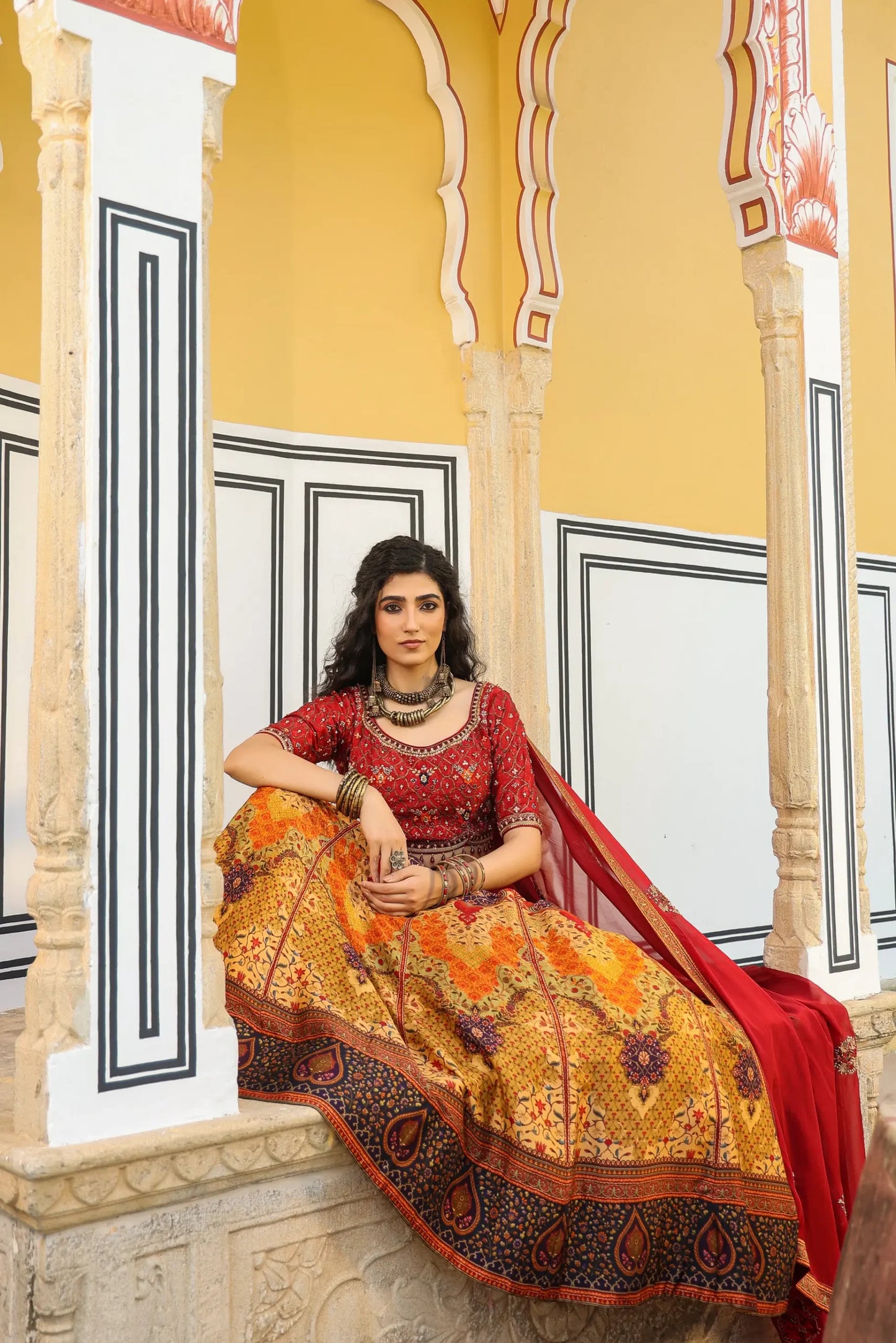 Shawl Pattern Print lehanga with embroidered blouse & dupatta