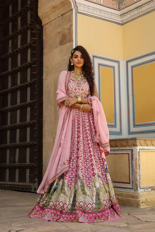 Pink Colour traditional print lehanga with embroidered blouse & dupatta