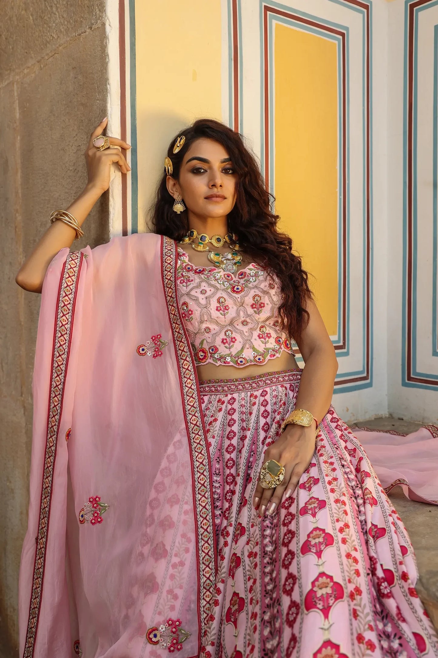 Pink Colour traditional print lehanga with embroidered blouse & dupatta