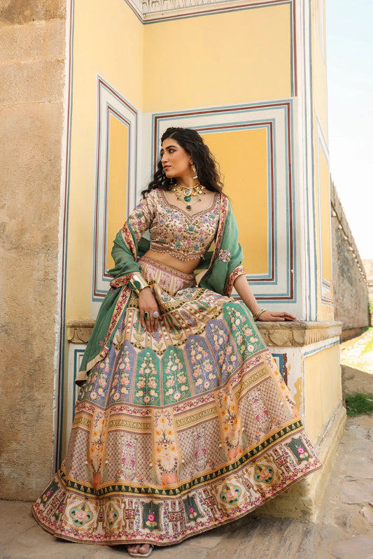 A traditional Kashmiri Print lehanga with embroidered blouse