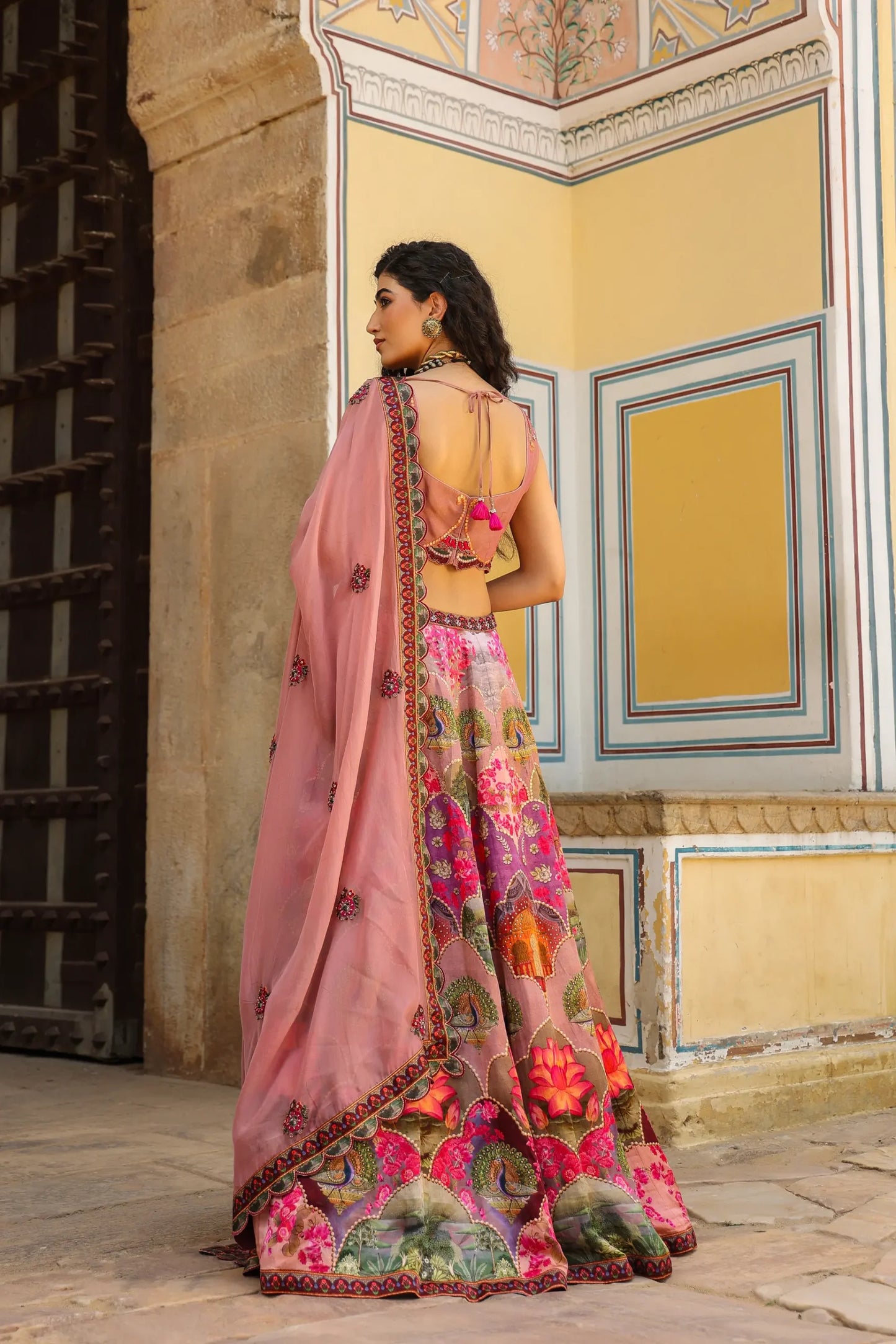 Traditonal Print pink colour lehanga with embroidered Blouse & Dupatta