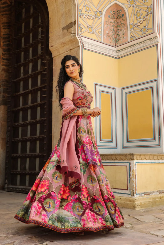 Traditonal Print pink colour lehanga with embroidered Blouse & Dupatta