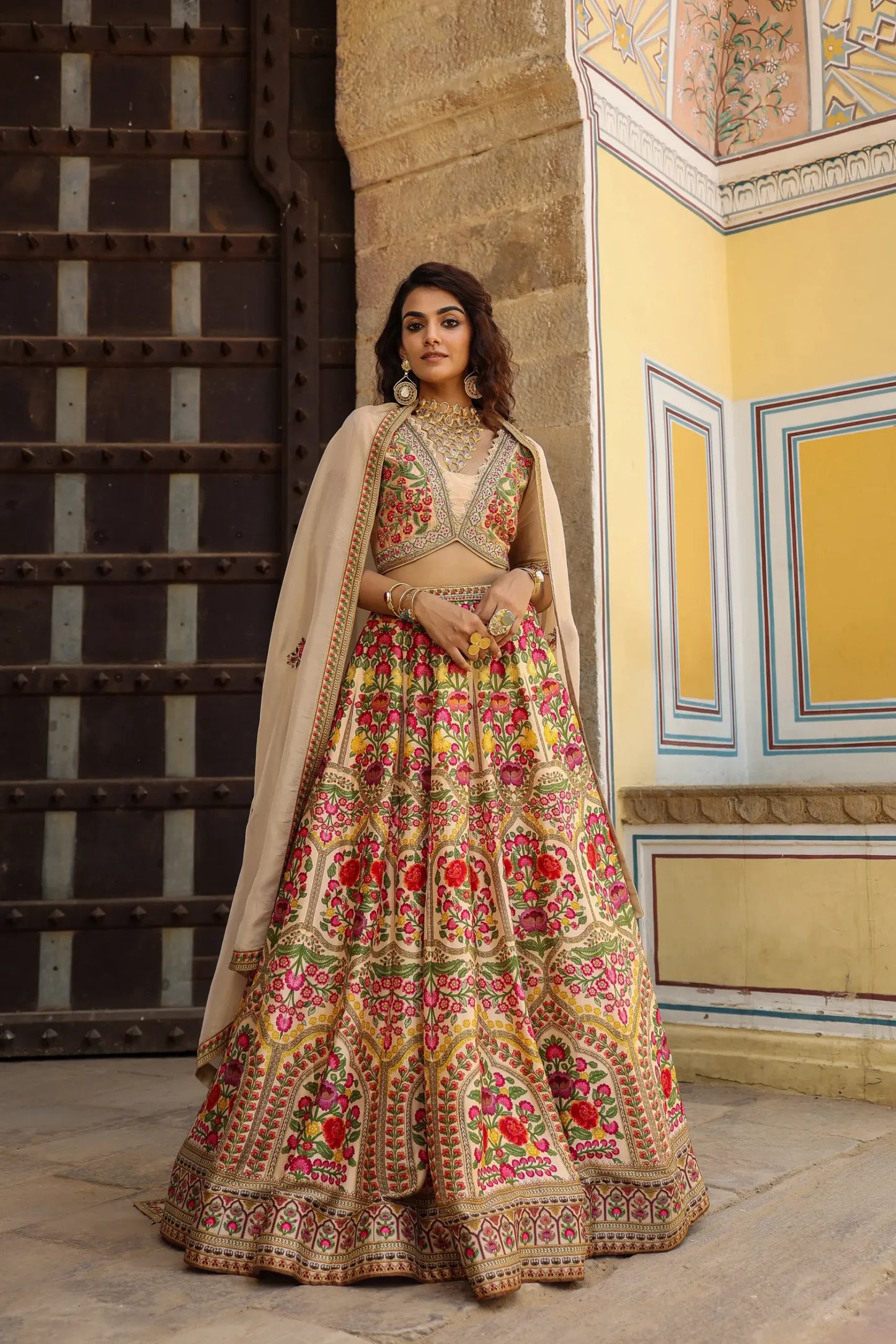 Beige Colour Traditonal Print lehanga with embroidered Blouse