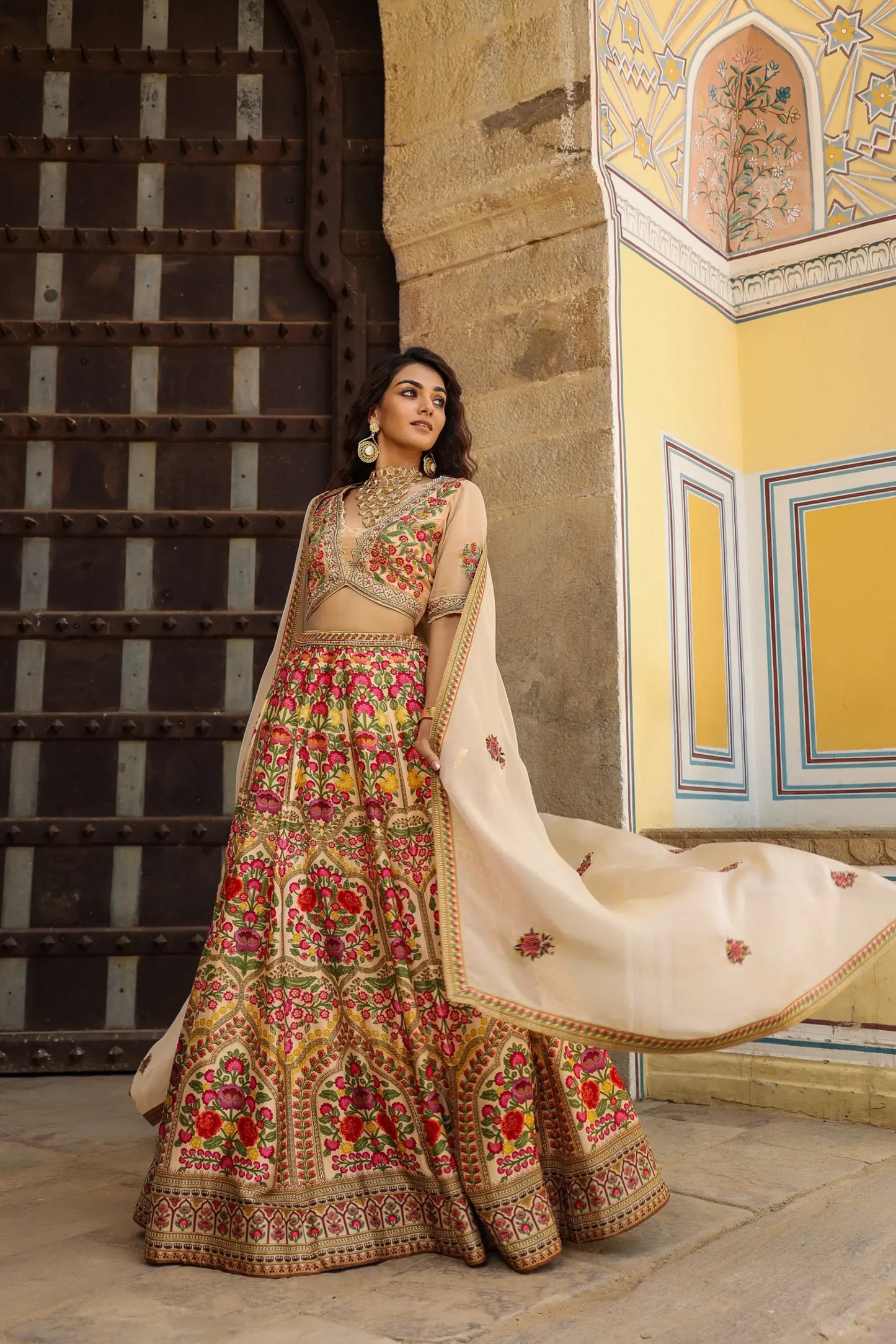 Beige Colour Traditonal Print lehanga with embroidered Blouse