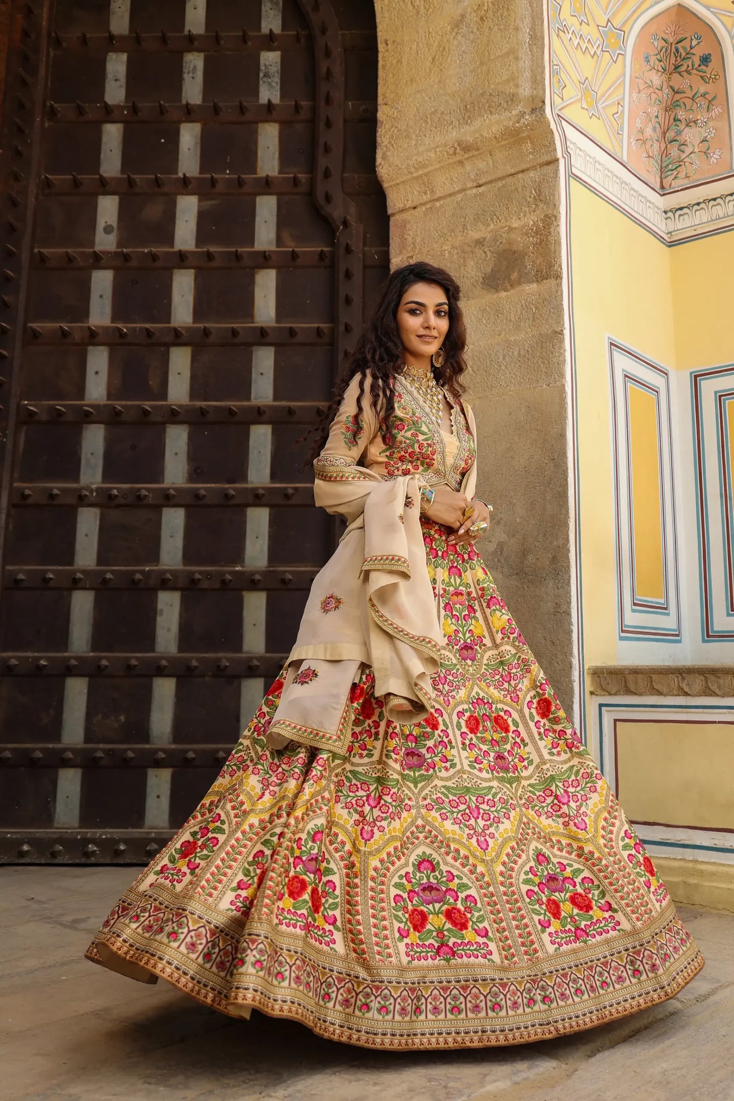 Beige Colour Traditonal Print lehanga with embroidered Blouse