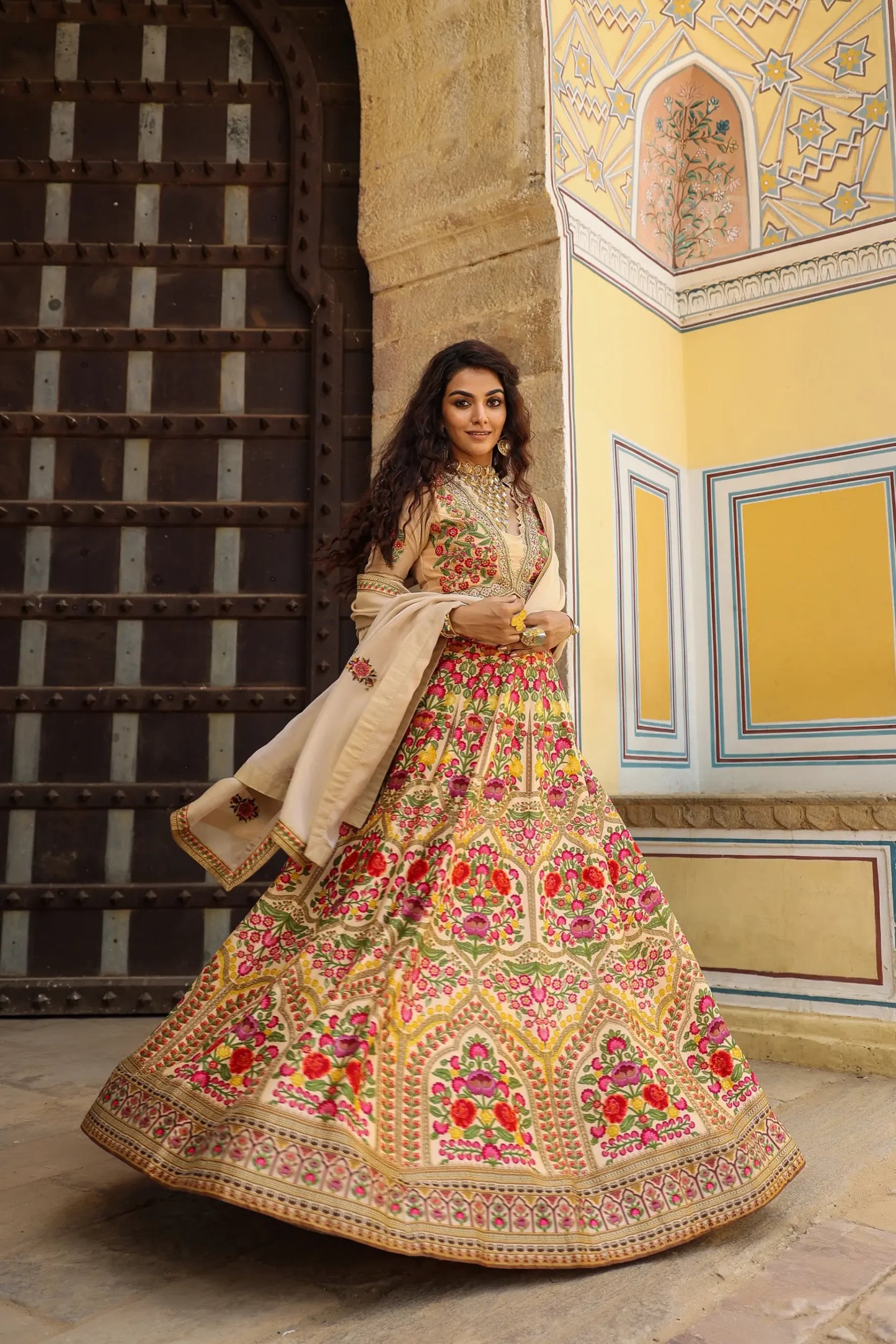 Beige Colour Traditonal Print lehanga with embroidered Blouse