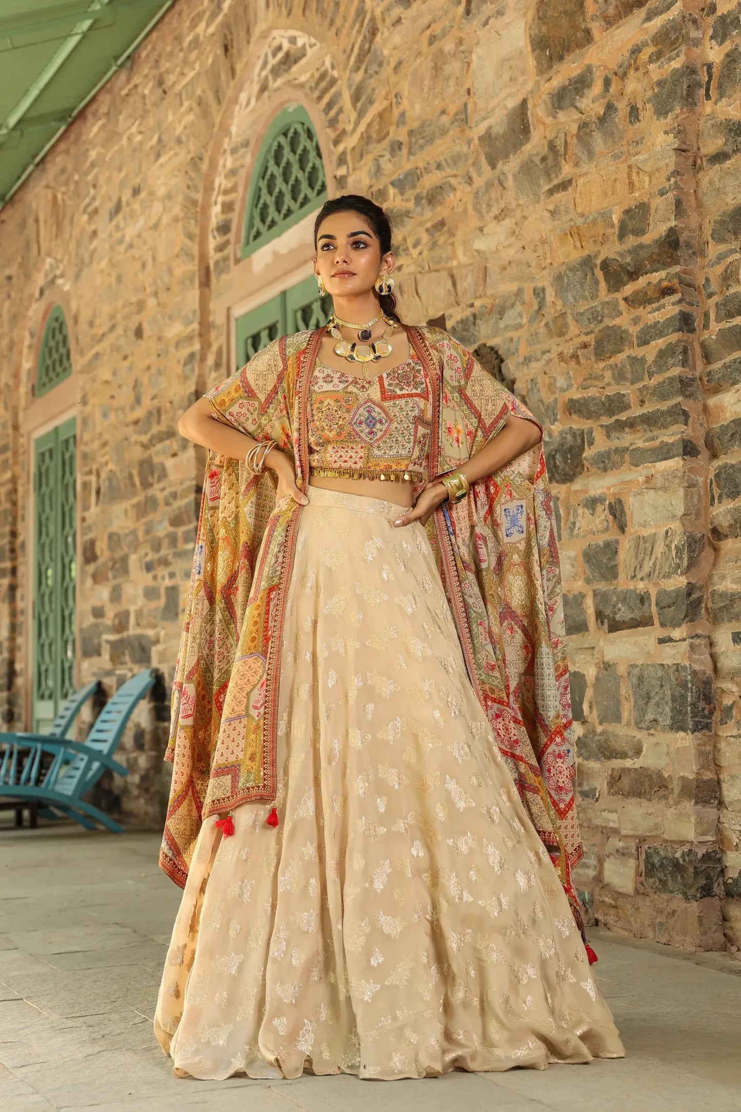 Divider Pant full length with emroidered Blouse and Printed Jacket