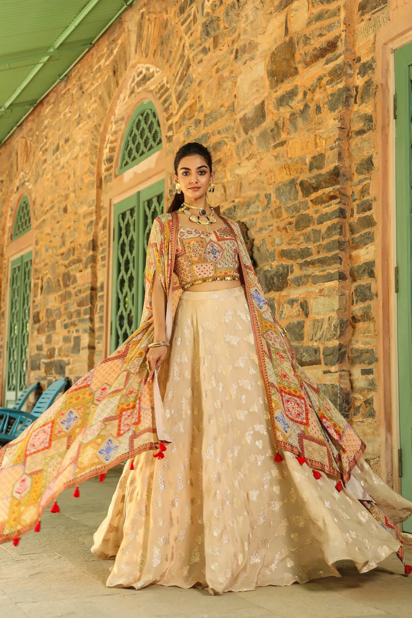 Divider Pant full length with emroidered Blouse and Printed Jacket