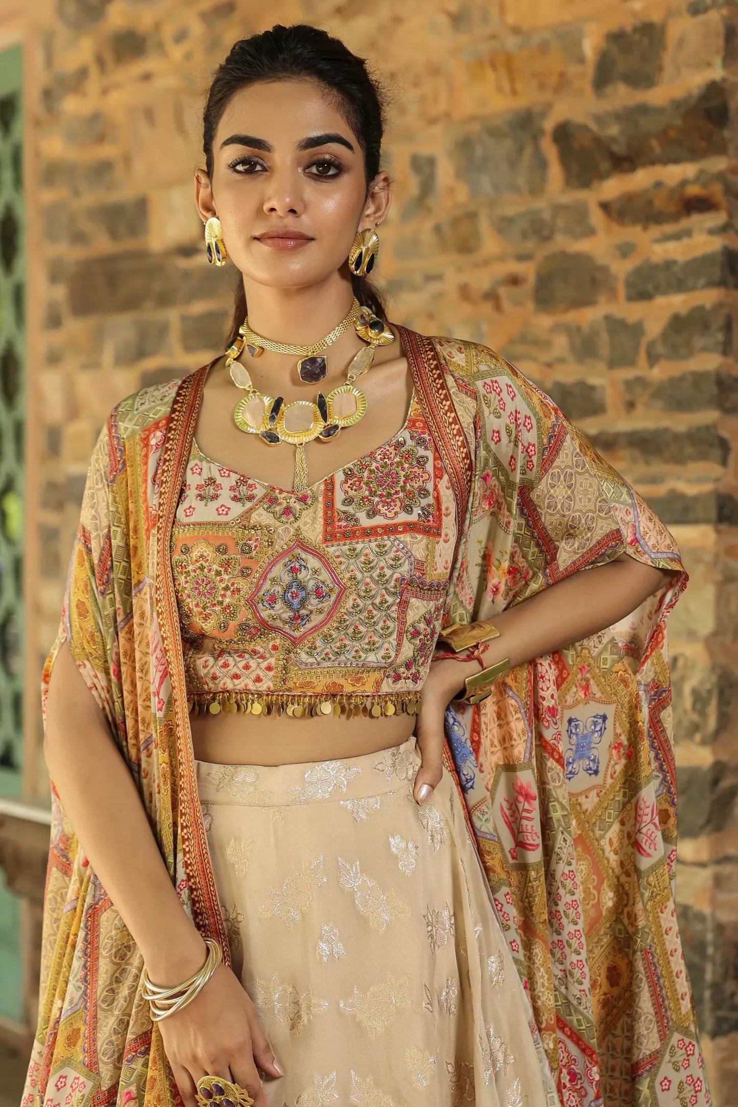 Divider Pant full length with emroidered Blouse and Printed Jacket