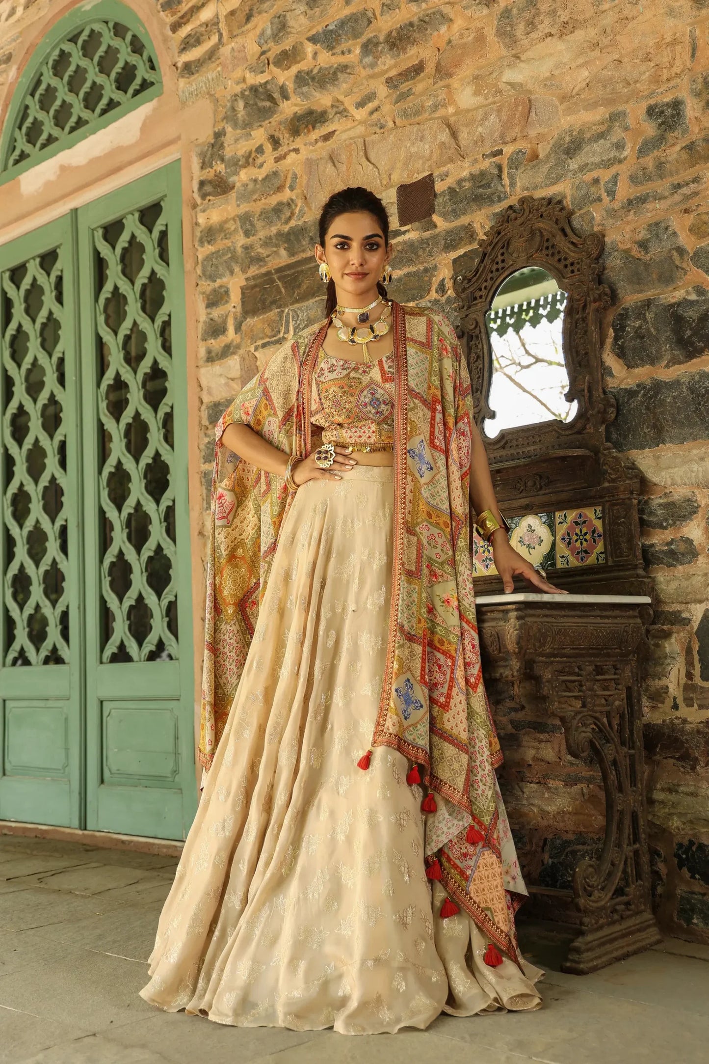 Divider Pant full length with emroidered Blouse and Printed Jacket