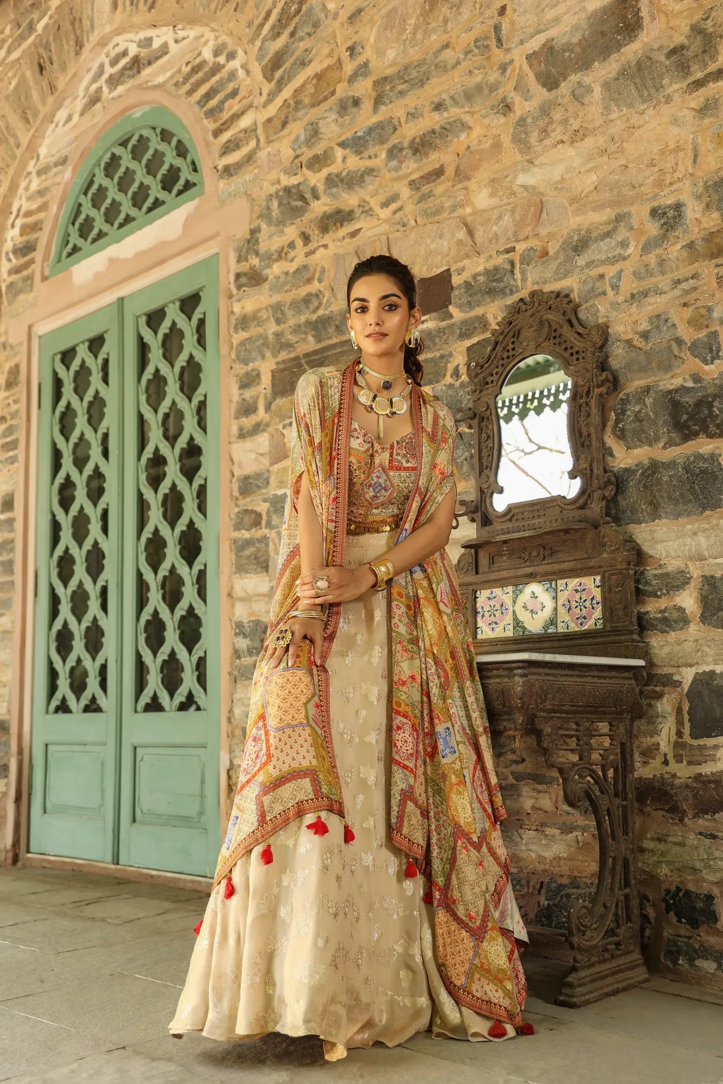 Divider Pant full length with emroidered Blouse and Printed Jacket