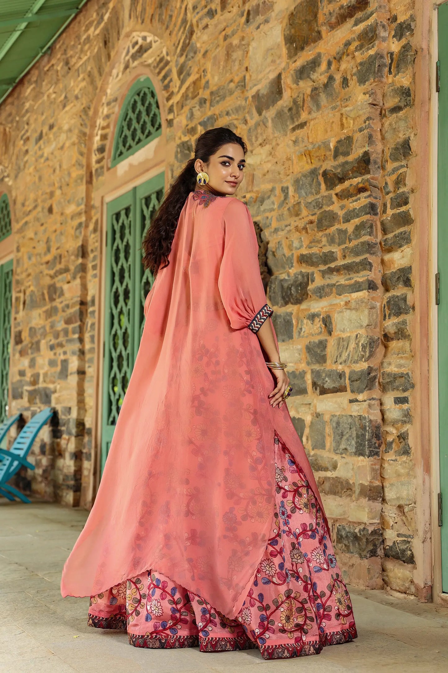 Peache colour kalamkari print lehanga with embroidered blouse and jacket