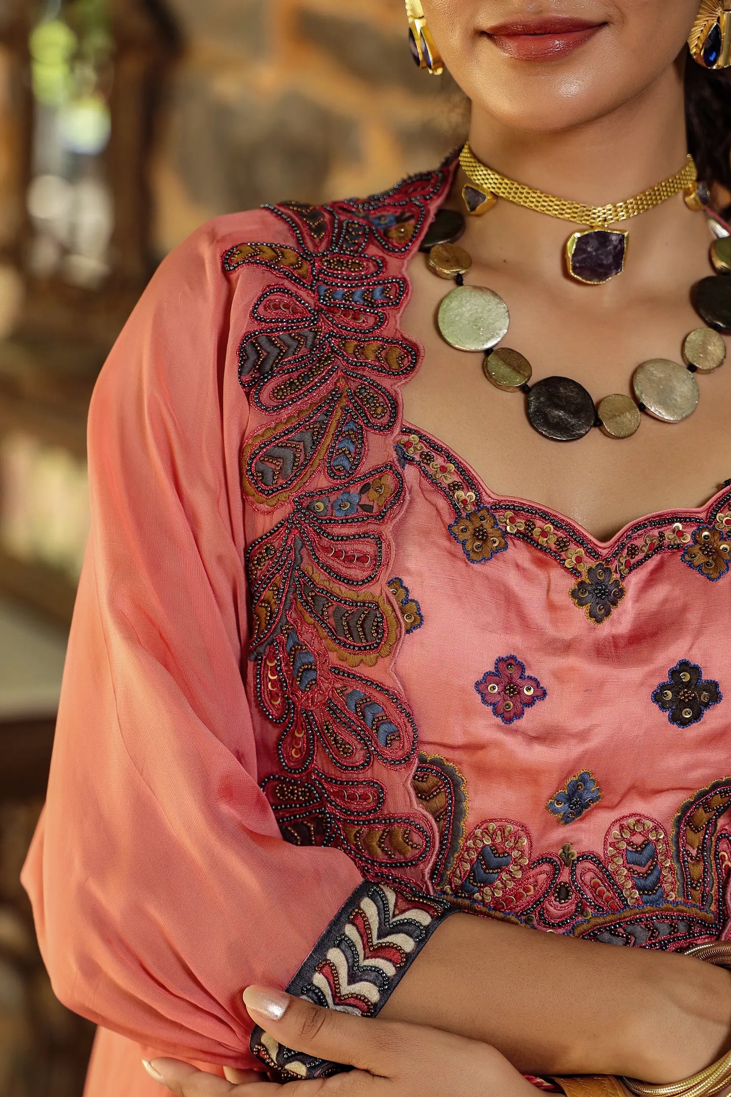 Peache colour kalamkari print lehanga with embroidered blouse and jacket