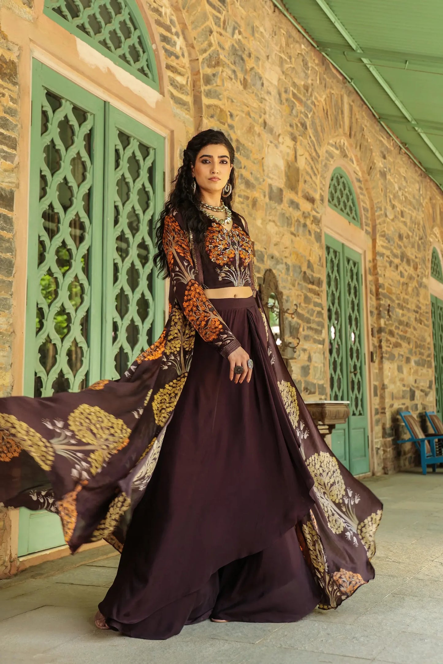 Copper Brown skirt with printed blouse and jacket