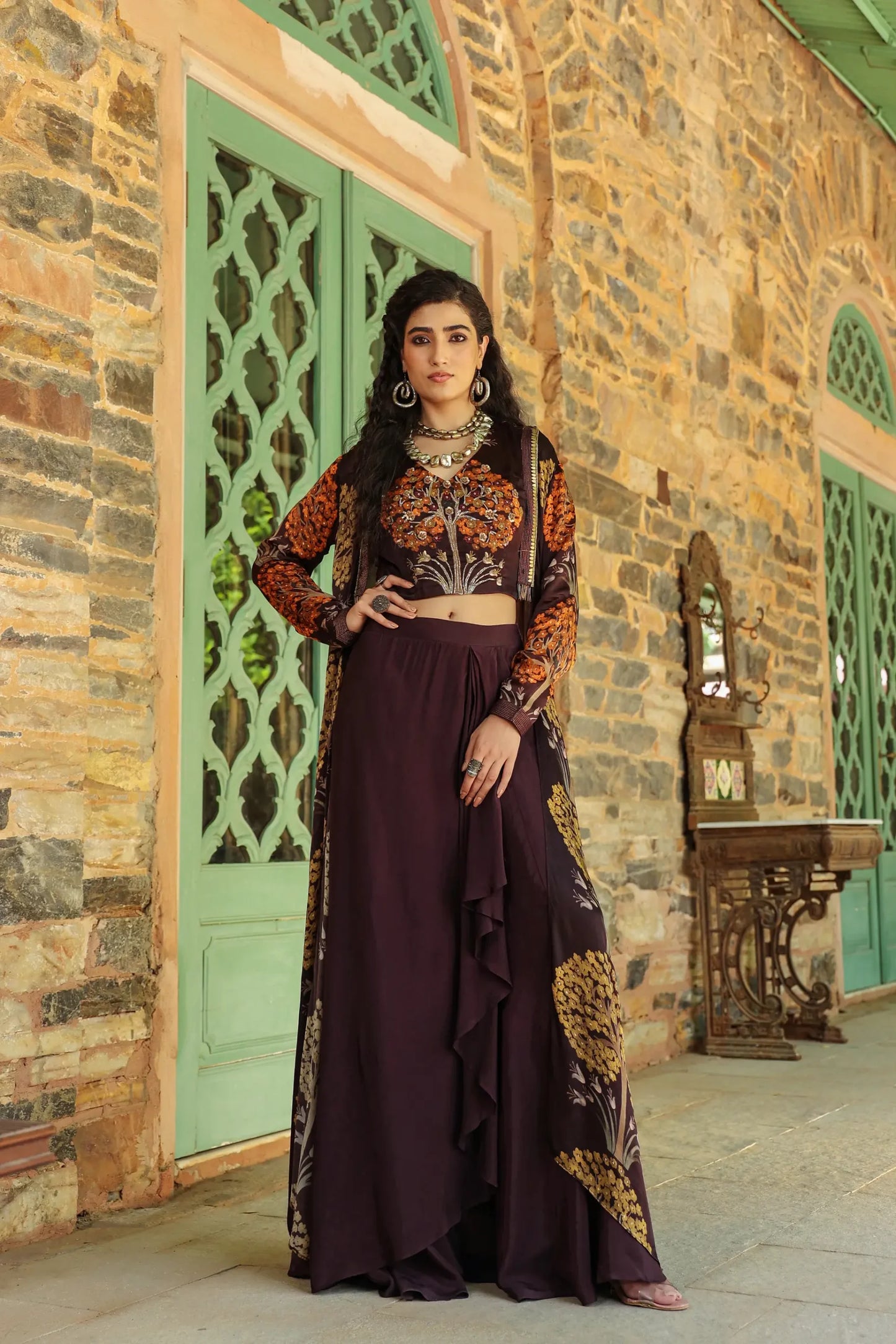 Copper Brown skirt with printed blouse and jacket