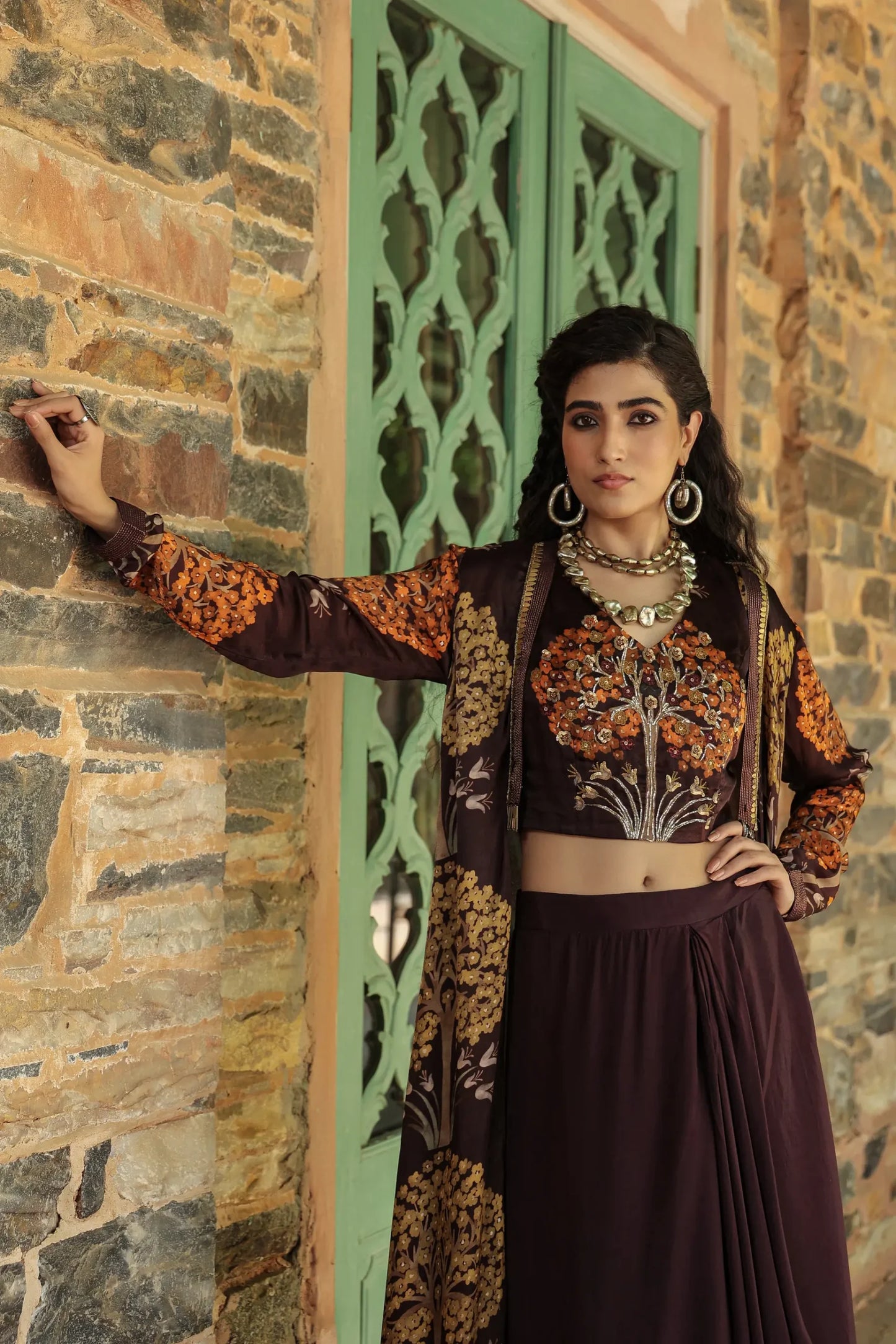 Copper Brown skirt with printed blouse and jacket