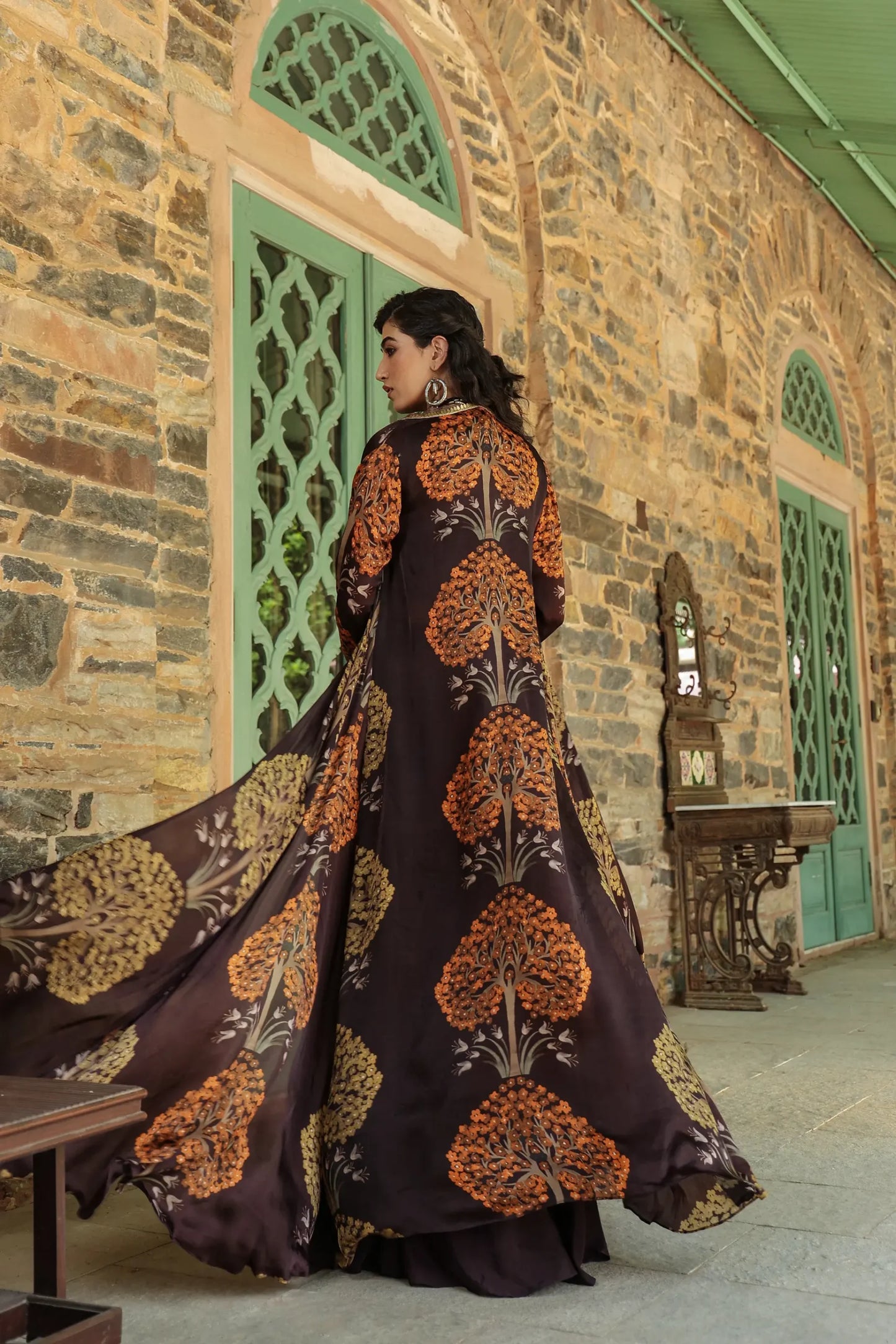 Copper Brown skirt with printed blouse and jacket