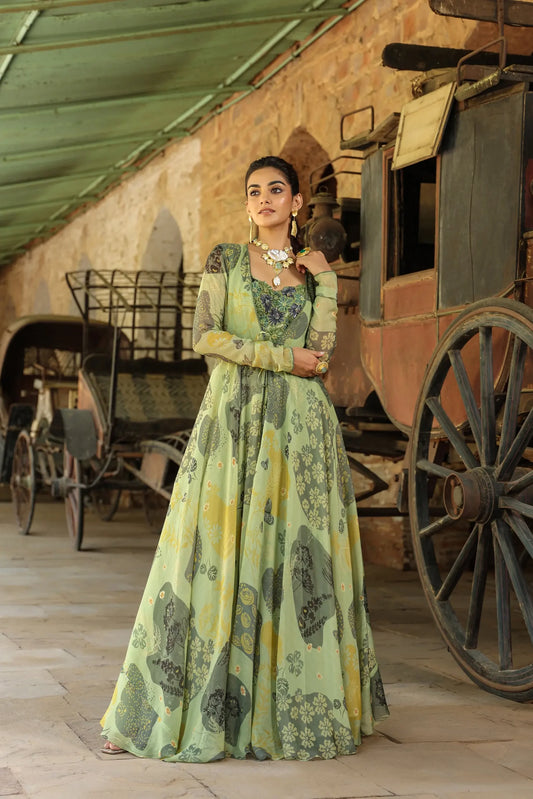 Olive Green colour full sleeves gown with embllished blouse and Divider Pant