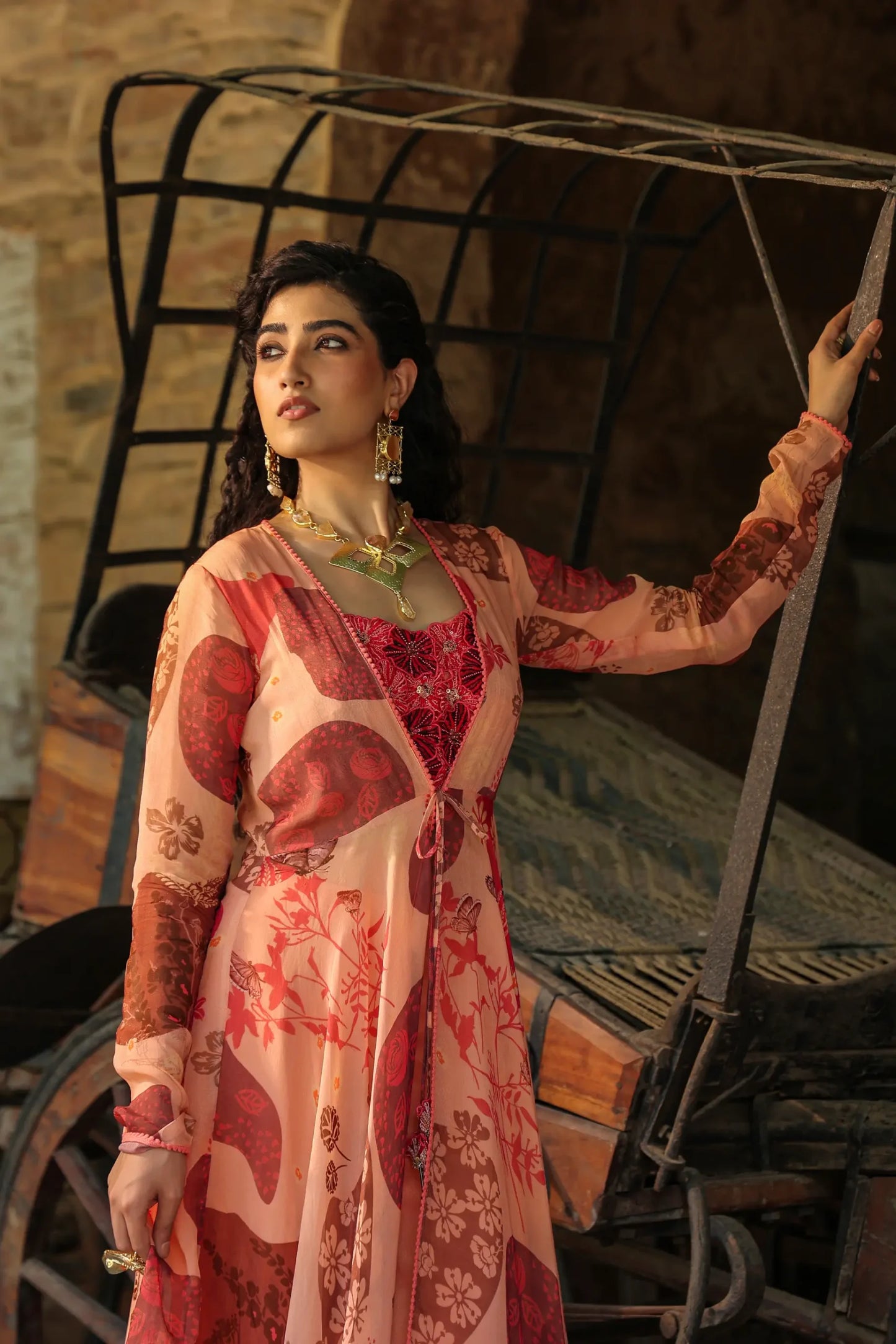 Peache colour full sleeves gown with embellished blouse and divider pant