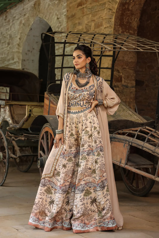 Beige Colour Traditional Print Divider Pant Gown with embroidered Blouse and Jacket