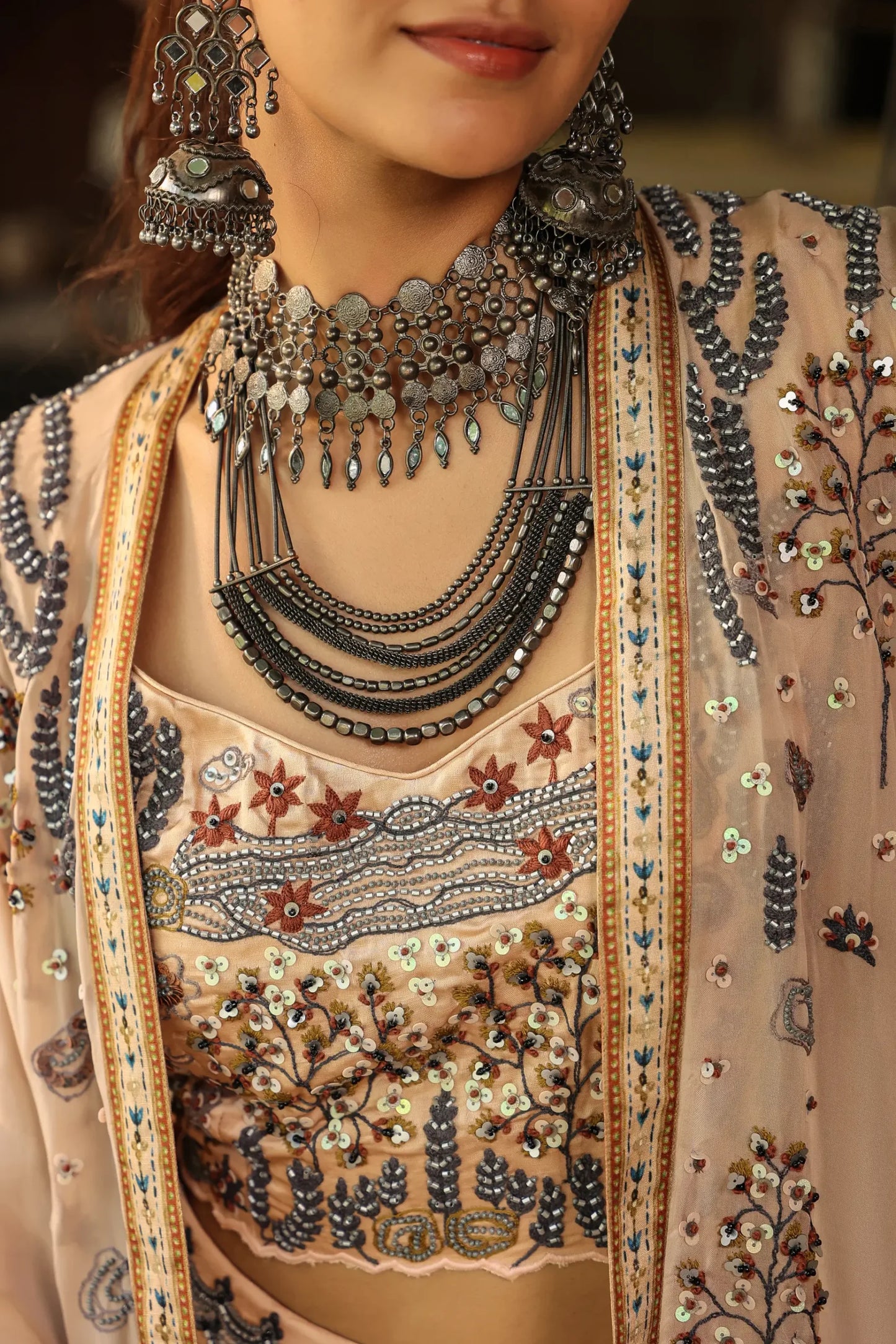 Beige Colour Traditional Print Divider Pant Gown with embroidered Blouse and Jacket