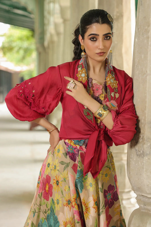 Floral print Tissue Lehanga with stylist shirt