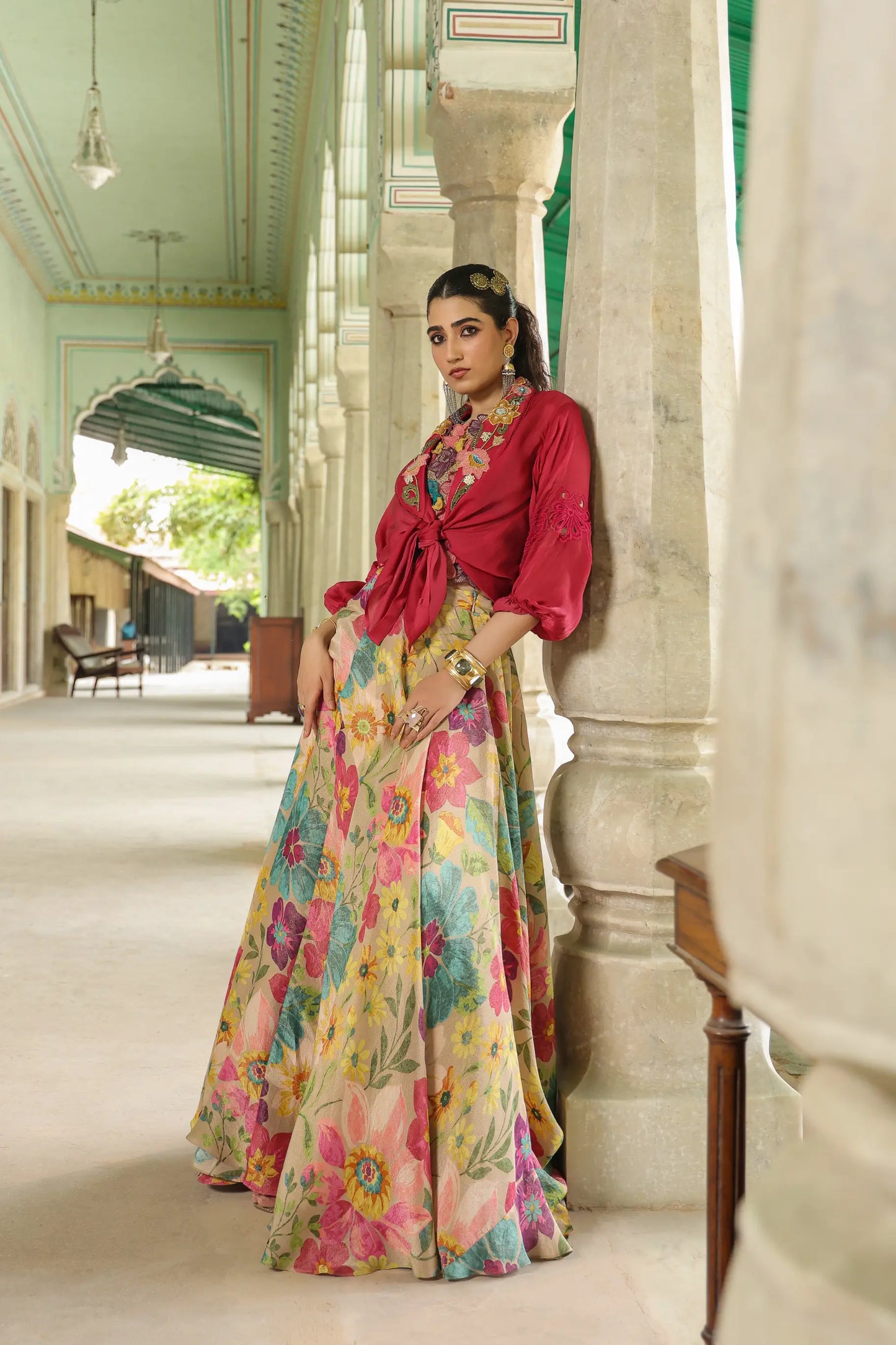 Floral print Tissue Lehanga with stylist shirt