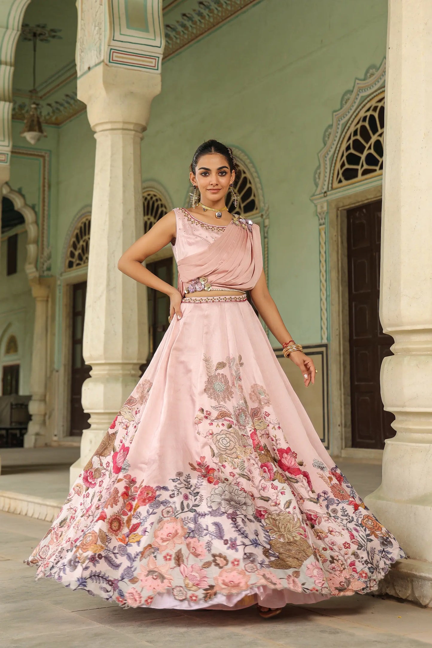 Pink peache colour lehanga with stylist blouse
