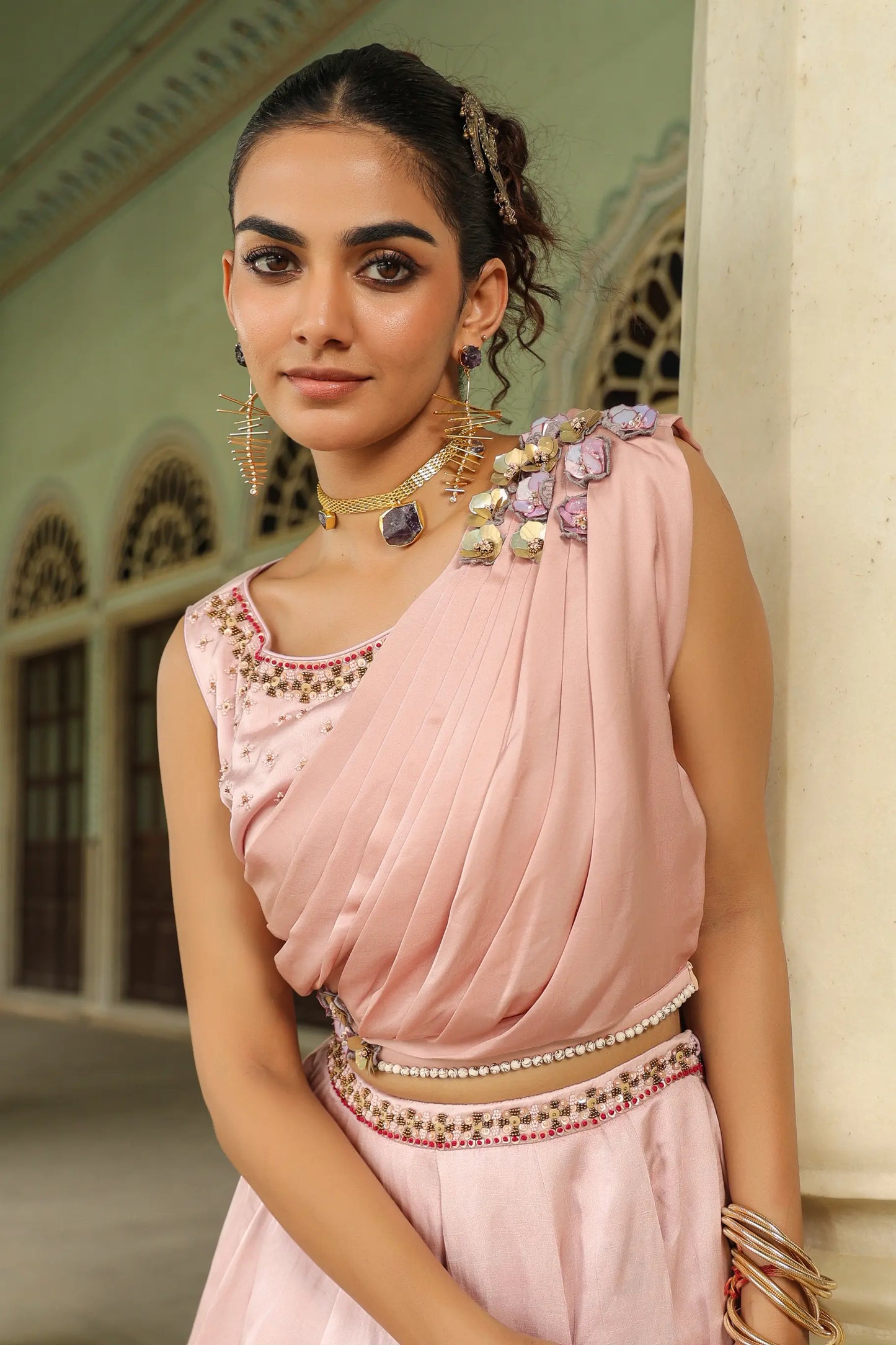 Pink peache colour lehanga with stylist blouse