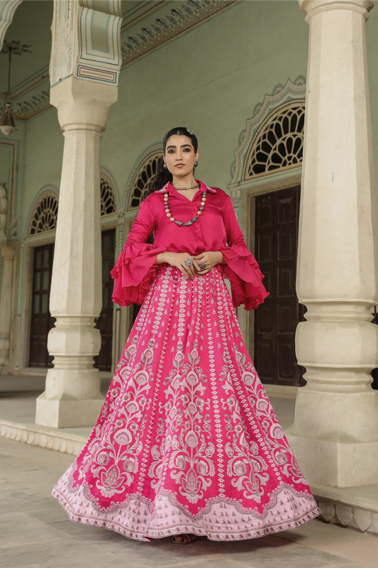 Rani pink traditional printed lehanga with stylist shirt with bell sleeves