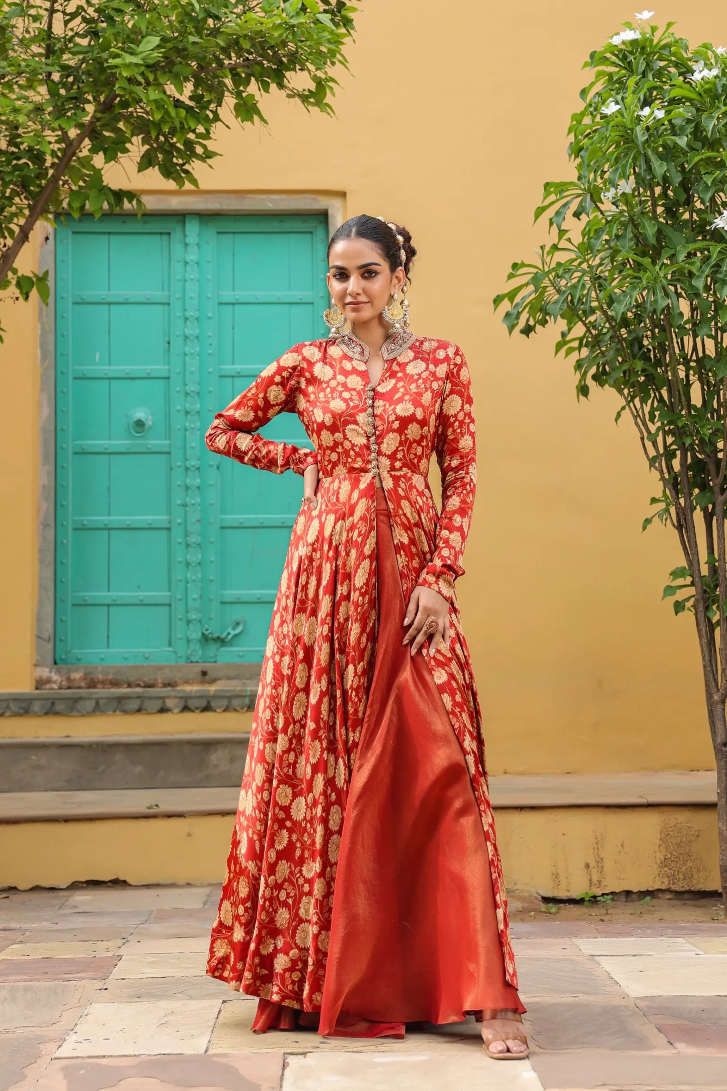 Red small floral printed gown