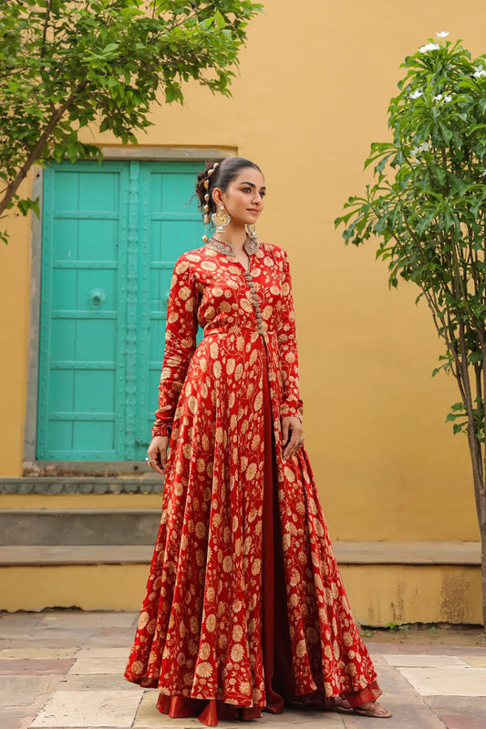 Red small floral printed gown