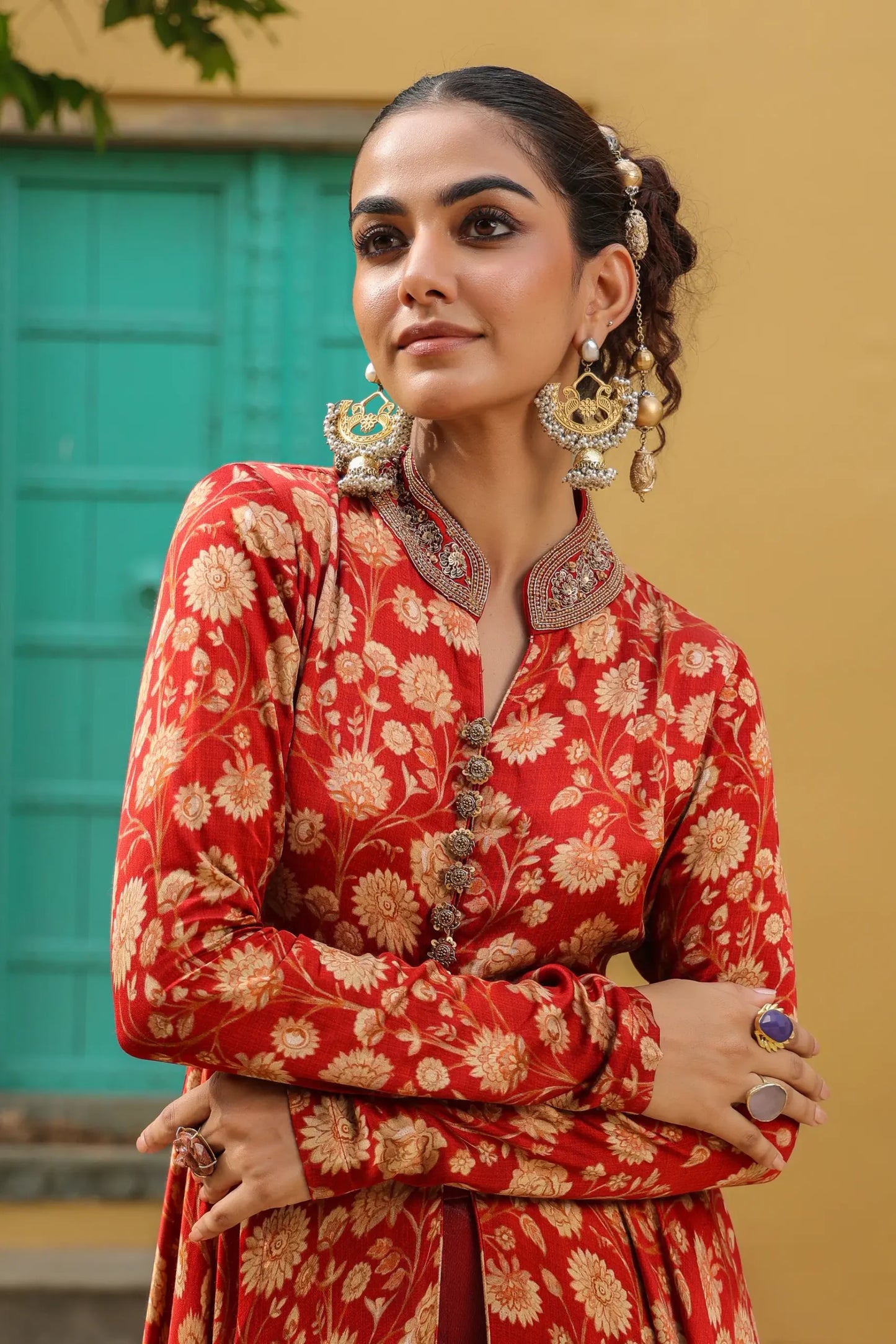 Red small floral printed gown