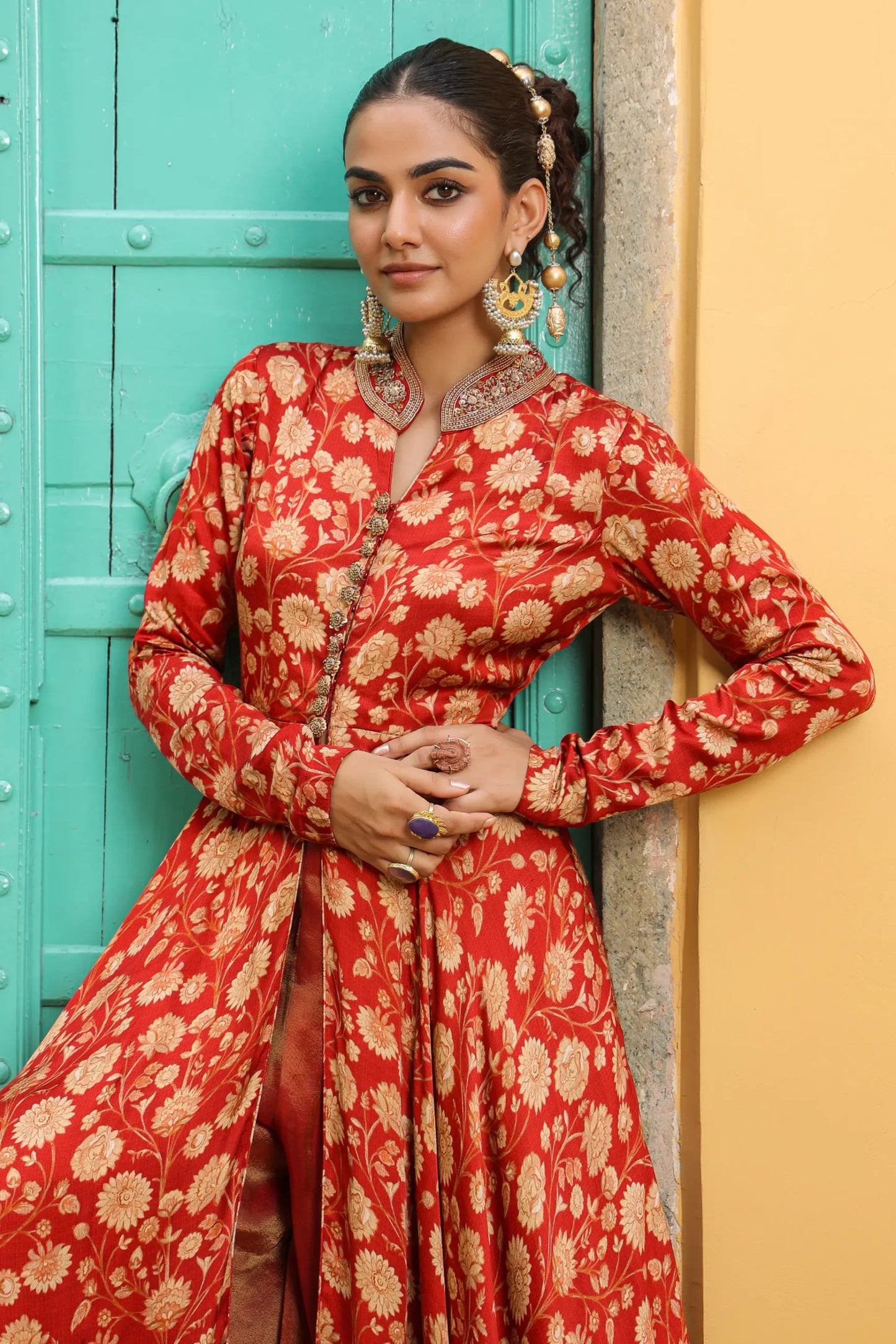 Red small floral printed gown
