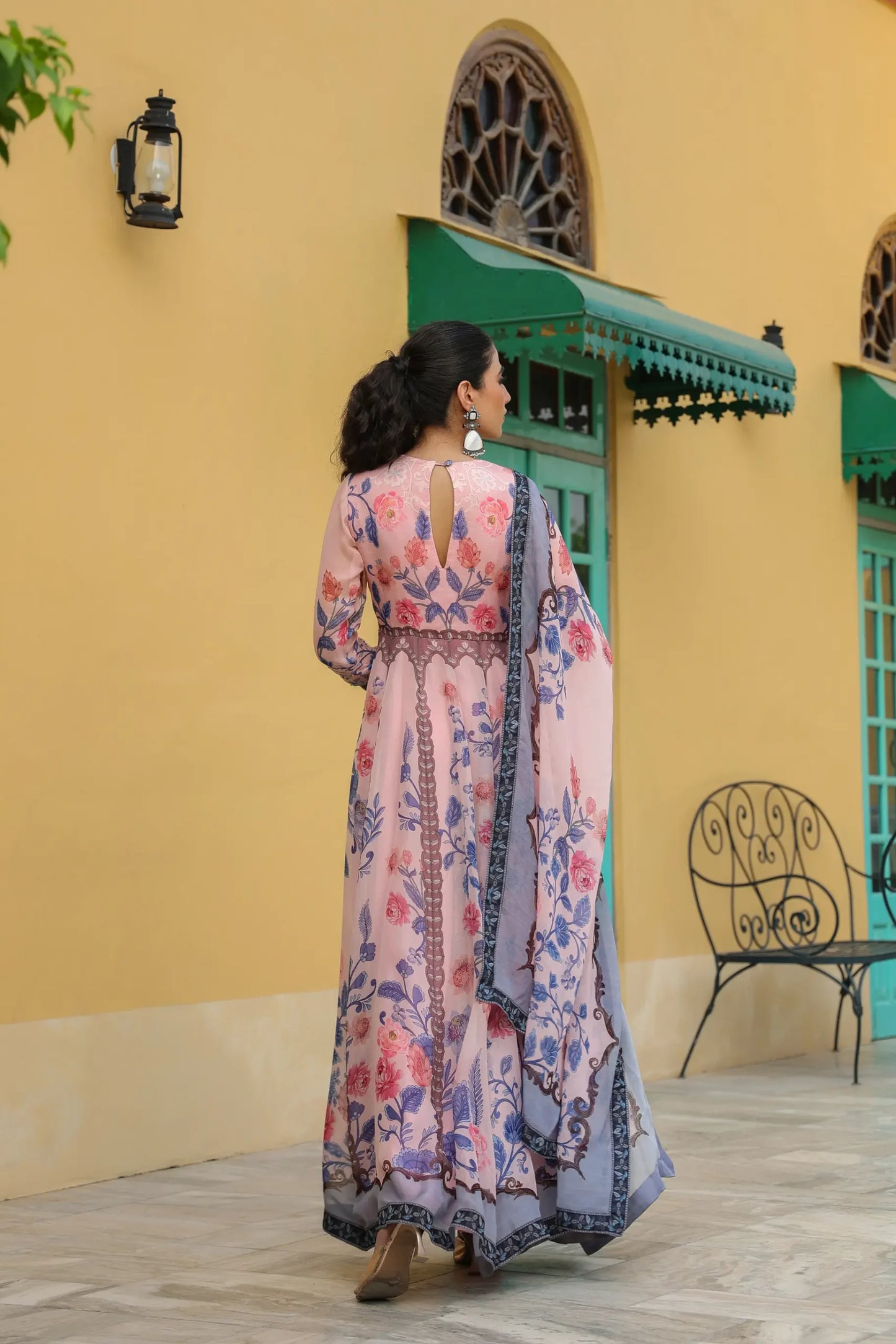 Pink floral printed Gown with printed Dupatta