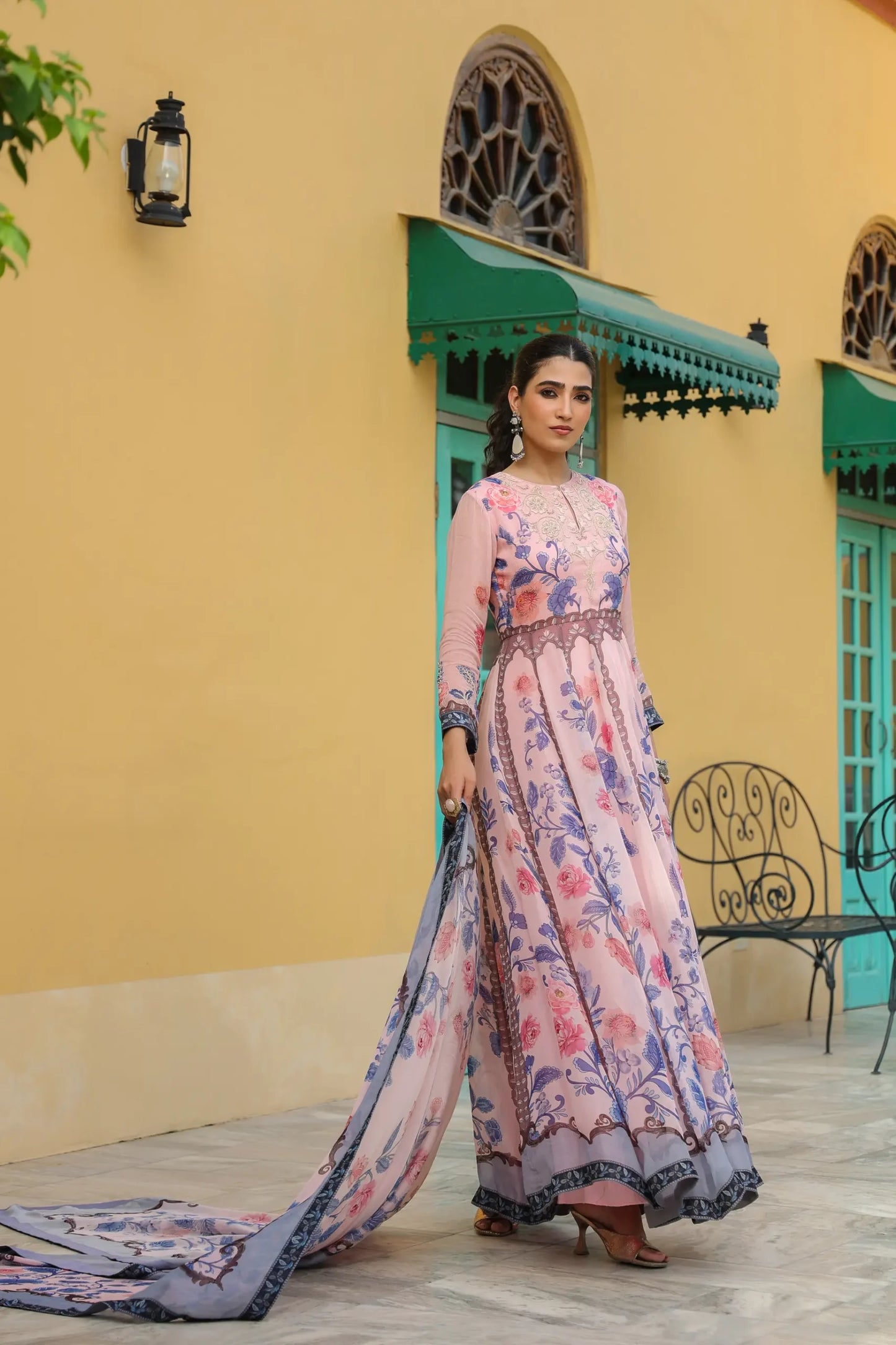 Pink floral printed Gown with printed Dupatta