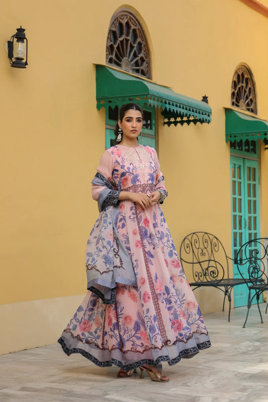 Pink floral printed Gown with printed Dupatta