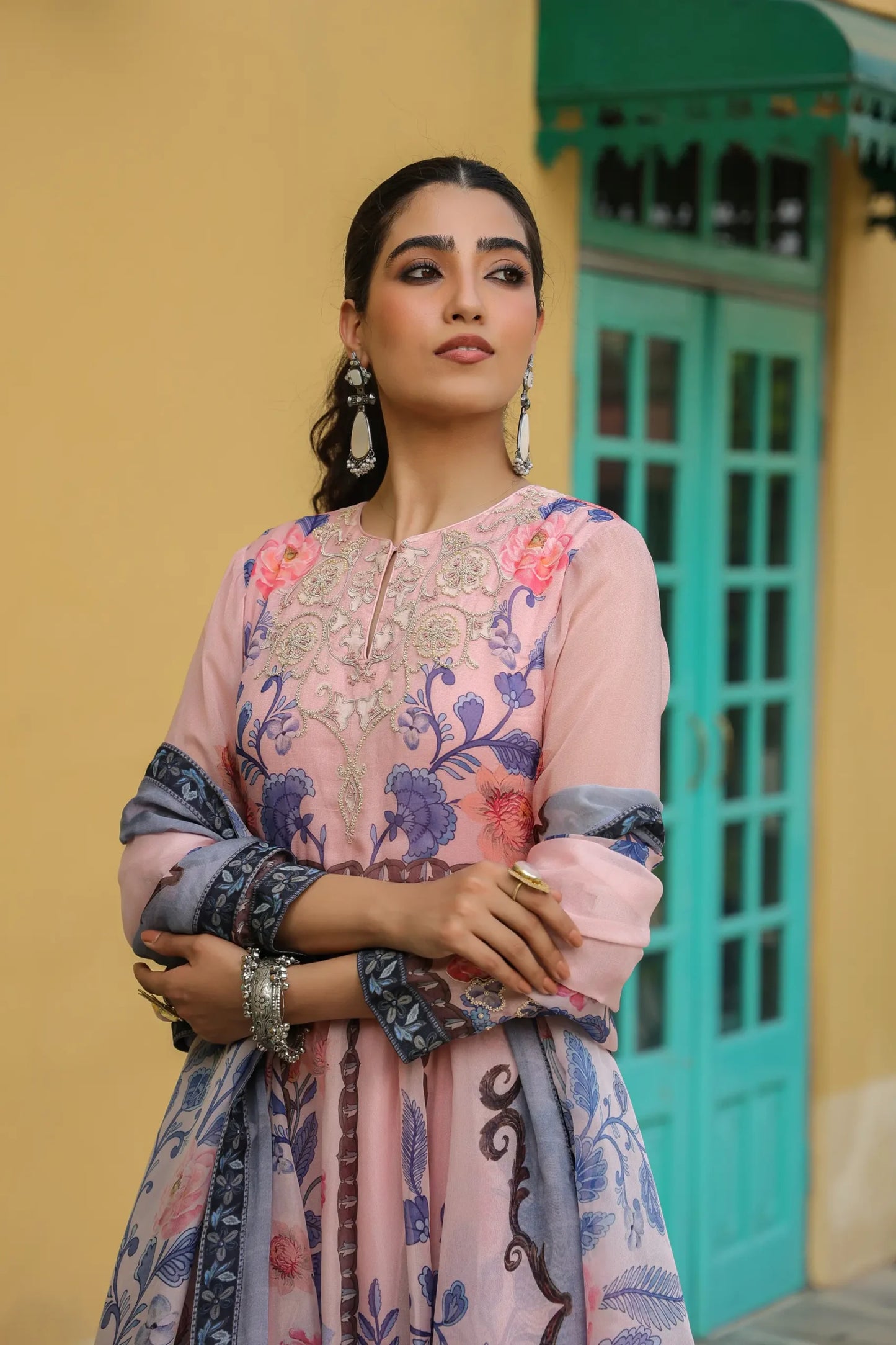 Pink floral printed Gown with printed Dupatta
