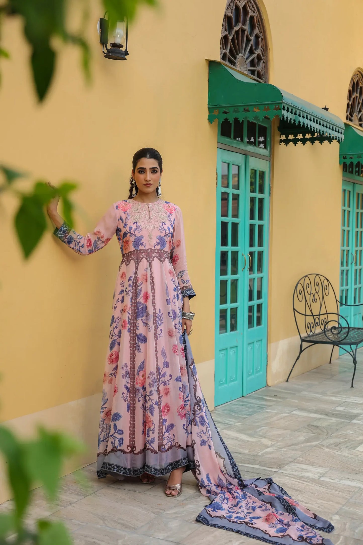 Pink floral printed Gown with printed Dupatta