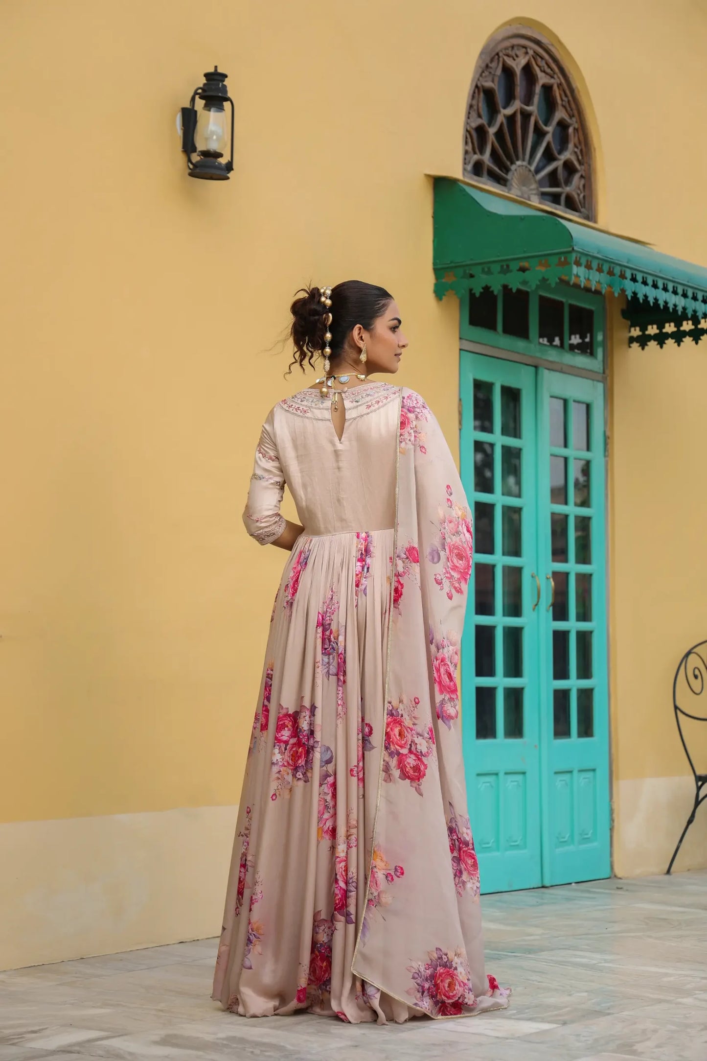 Peache floral printed Gown with Printed Dupatta with heavy embellised Yok