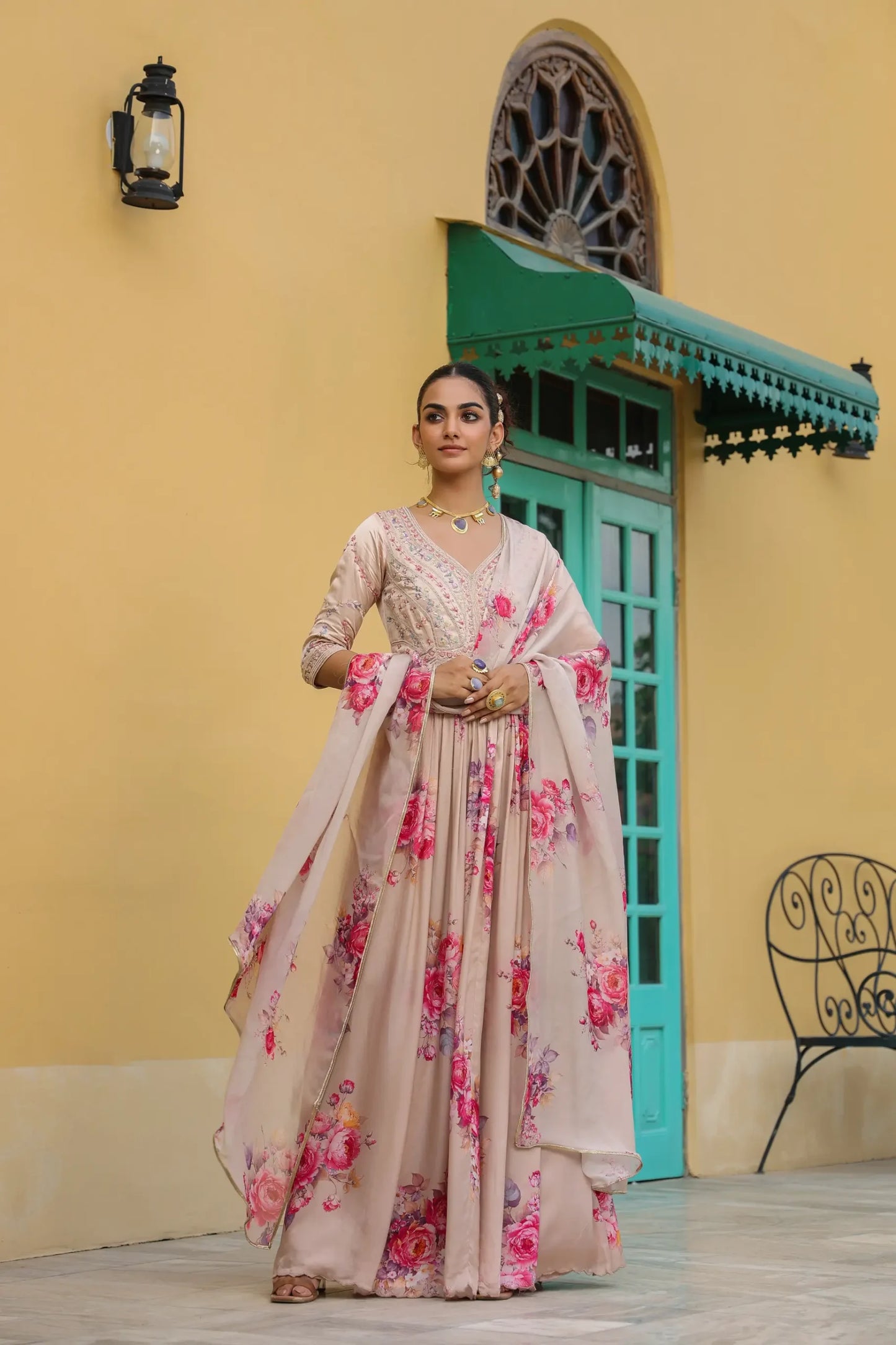 Peache floral printed Gown with Printed Dupatta with heavy embellised Yok