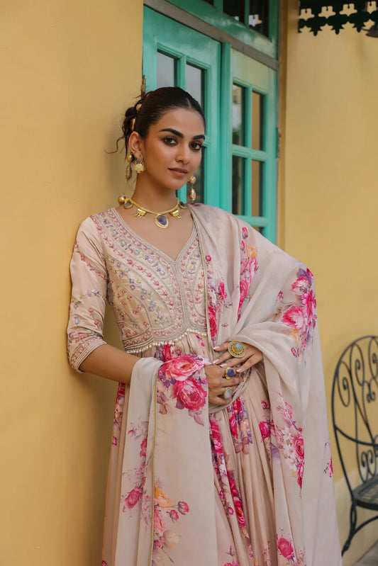 Peache floral printed Gown with Printed Dupatta with heavy embellised Yok