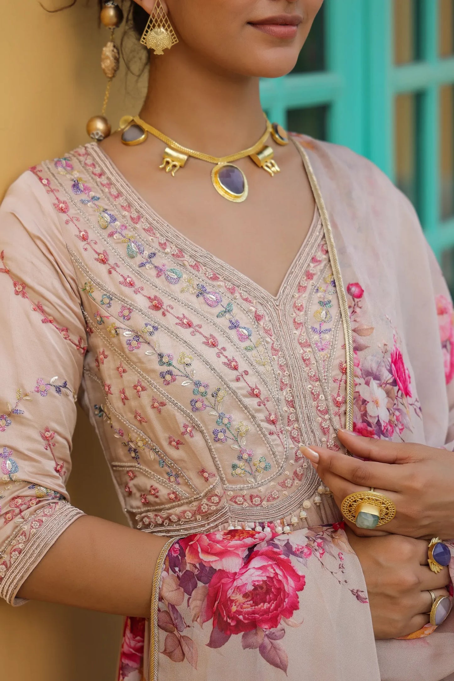 Peache floral printed Gown with Printed Dupatta with heavy embellised Yok