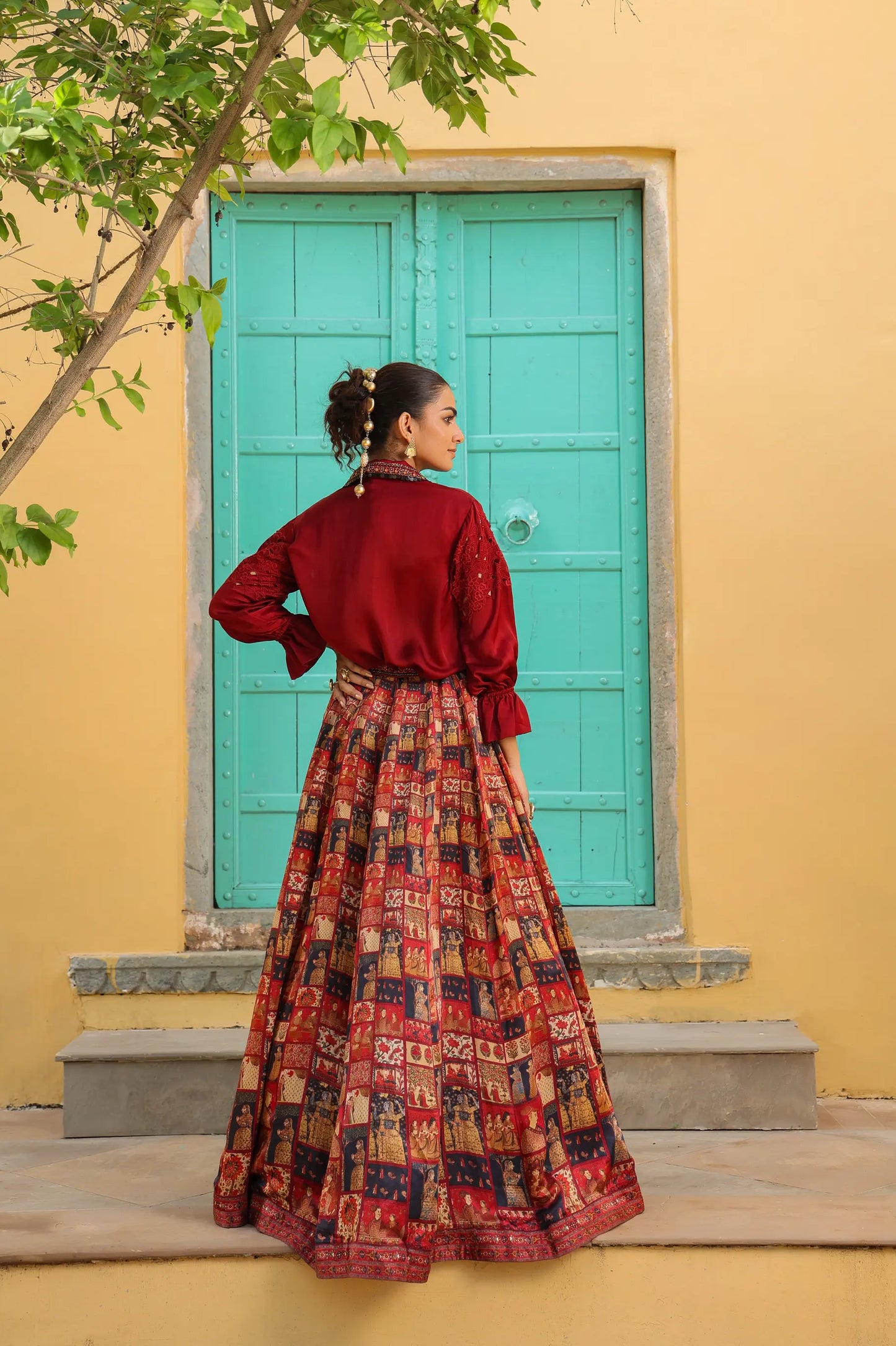 Maroon traditional Collage print lehanga with shirt
