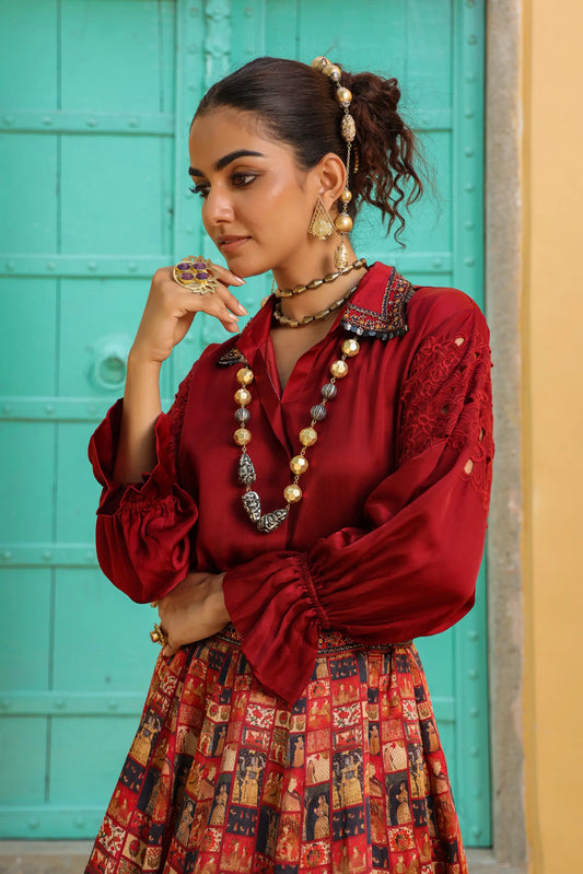 Maroon traditional Collage print lehanga with shirt