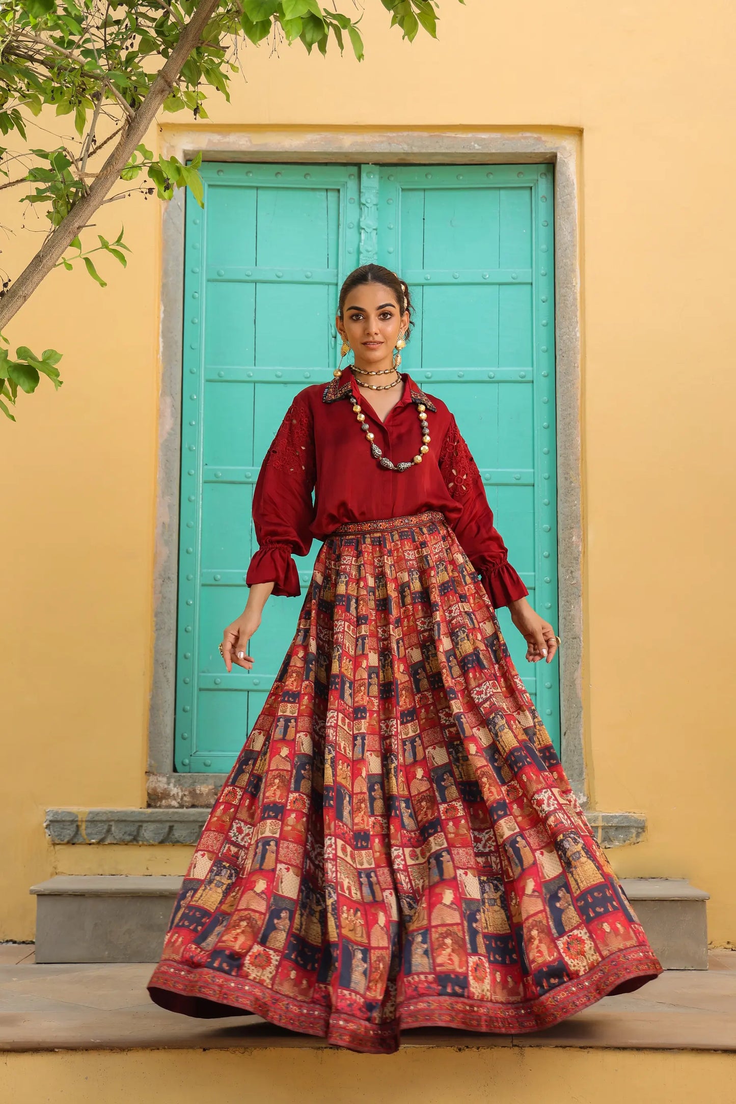 Maroon traditional Collage print lehanga with shirt