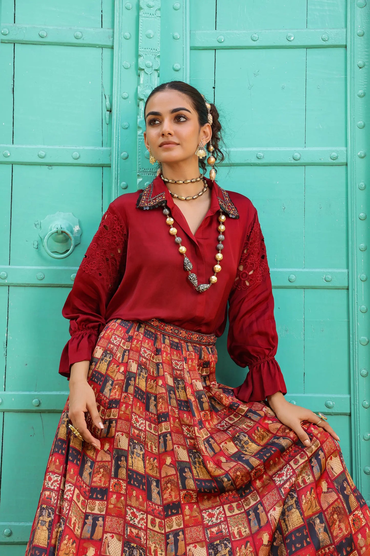 Maroon traditional Collage print lehanga with shirt