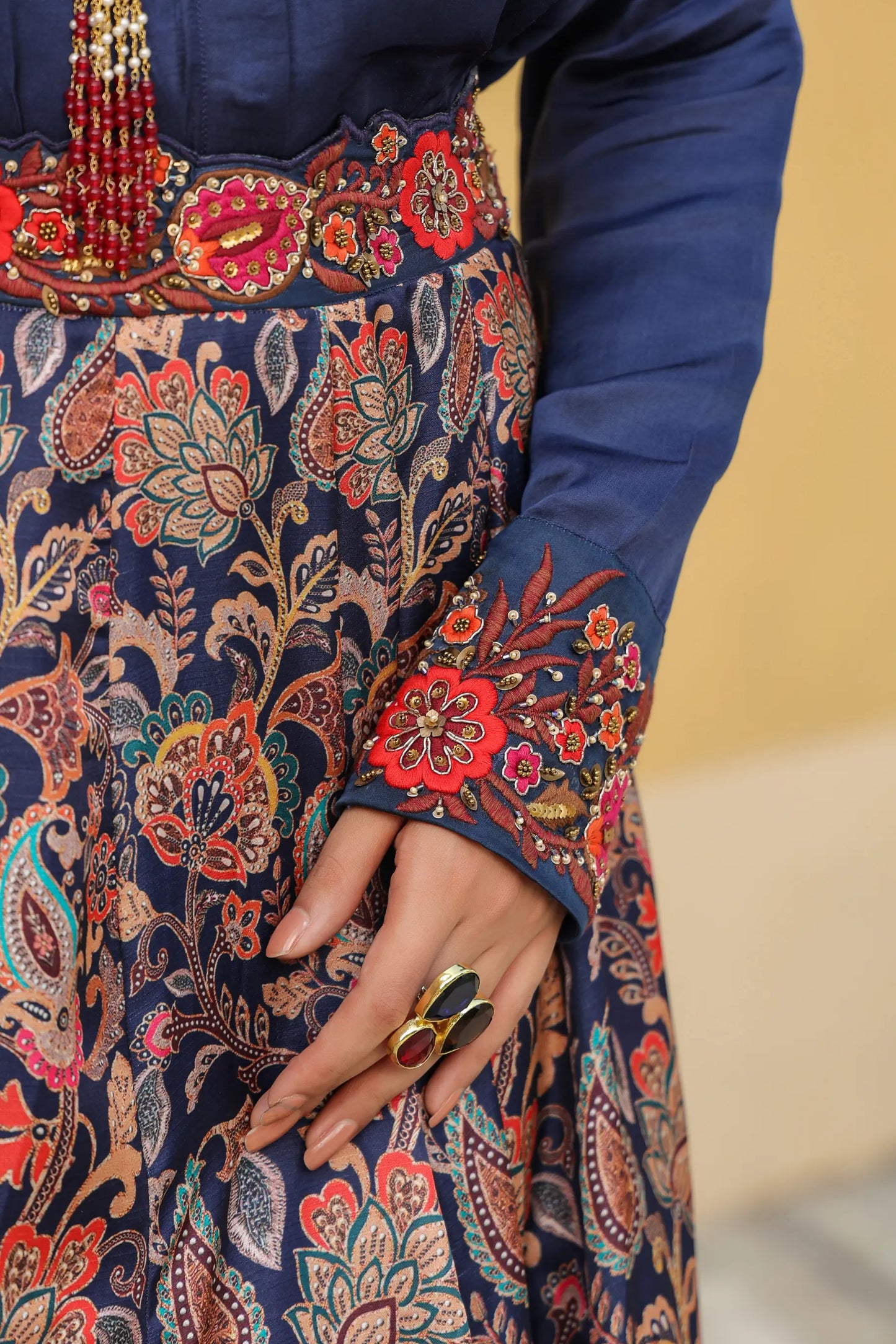 A Neavy blue colour traditional printed skirt with embroidered collar shirt