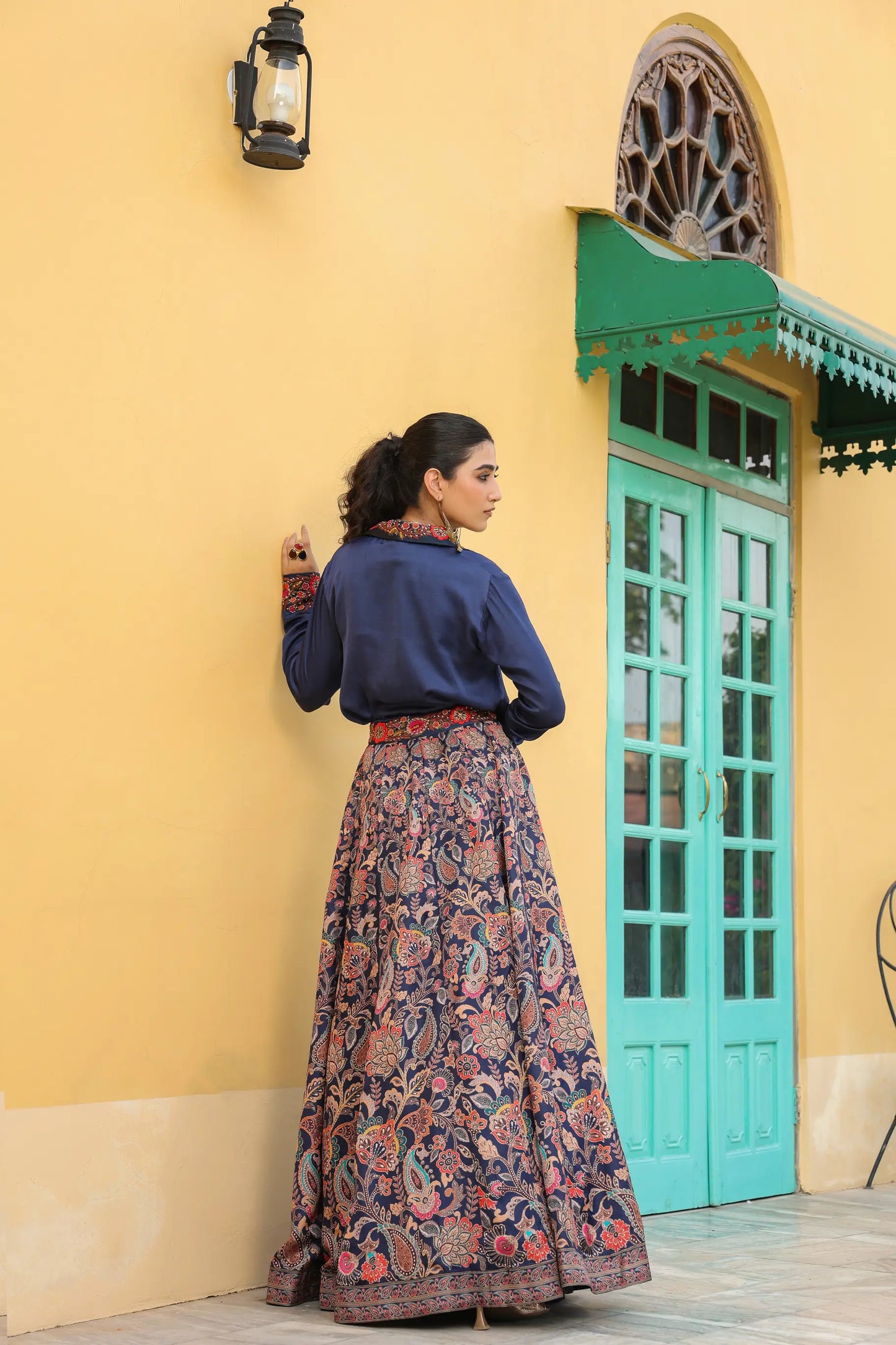 A Neavy blue colour traditional printed skirt with embroidered collar shirt